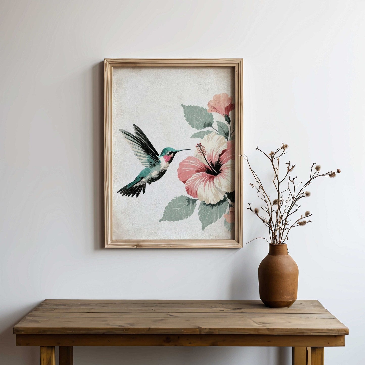 Hummingbird Wall Art, Vintage Bird Decor, Hibiscus Floral Design - WildfieldPrints