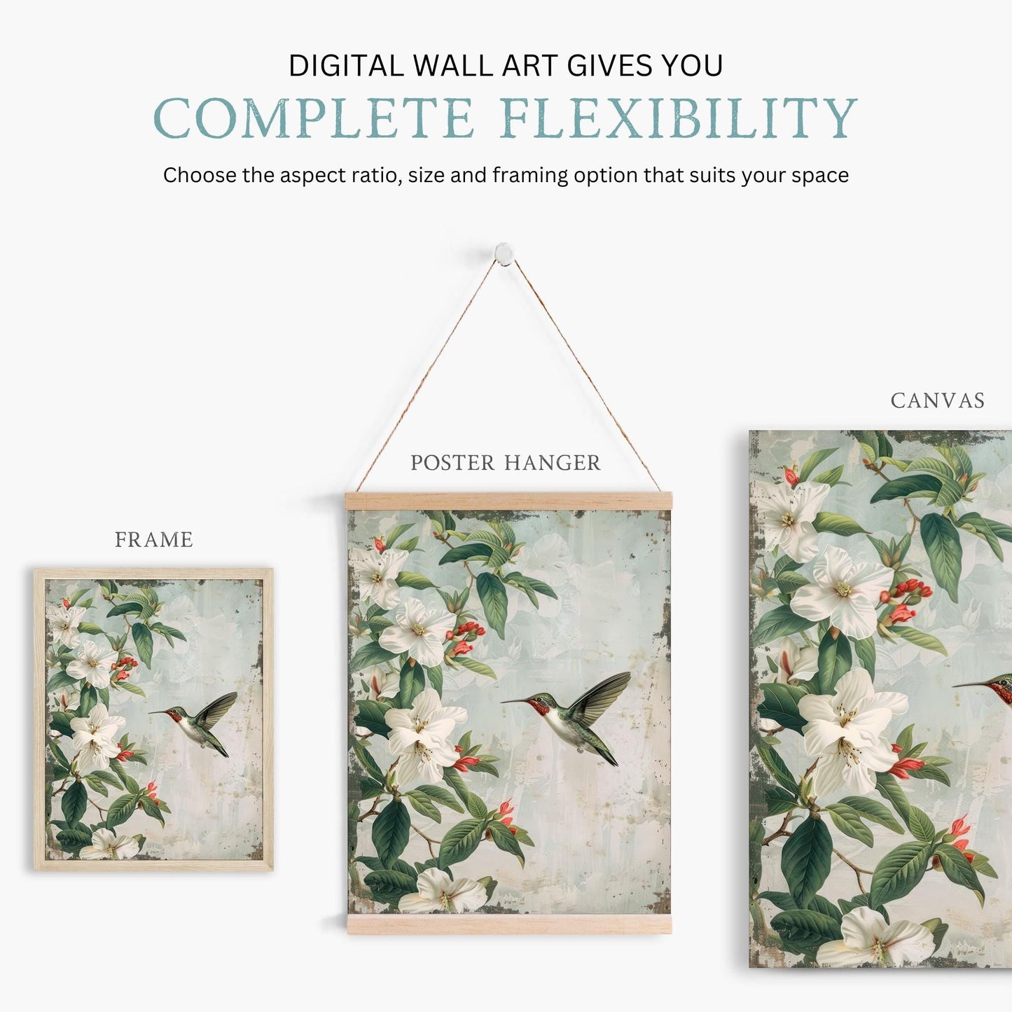Hummingbird Wall Art, Vintage Bird Painting, Magnolia Home Decor - WildfieldPrints