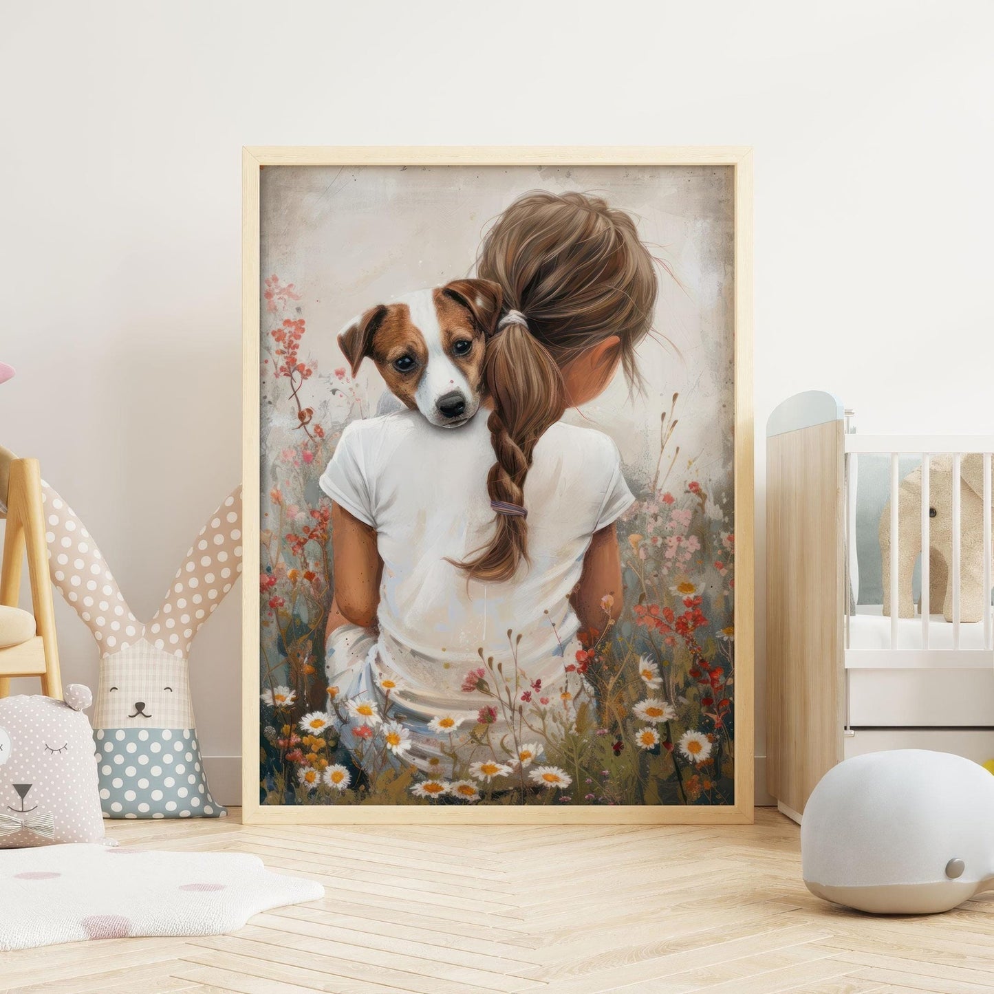 Jack Russell Art Nursery, Girl & Dog Wall Decor, Kids Room Print - WildfieldPrints
