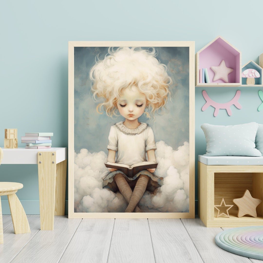 Kids Reading Wall Art, Girl on Cloud Decor, Learning & Study Theme - WildfieldPrints