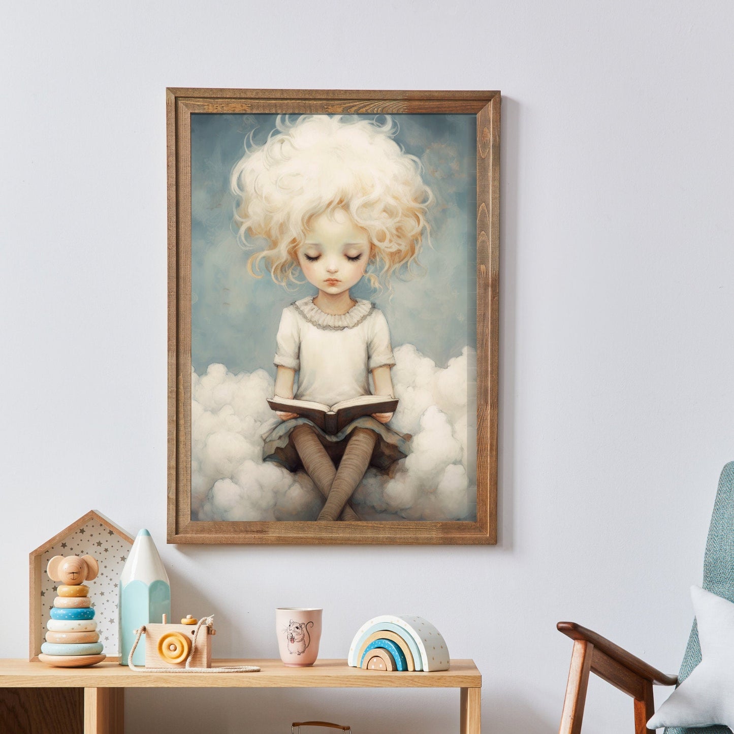 Kids Reading Wall Art, Girl on Cloud Decor, Learning & Study Theme - WildfieldPrints