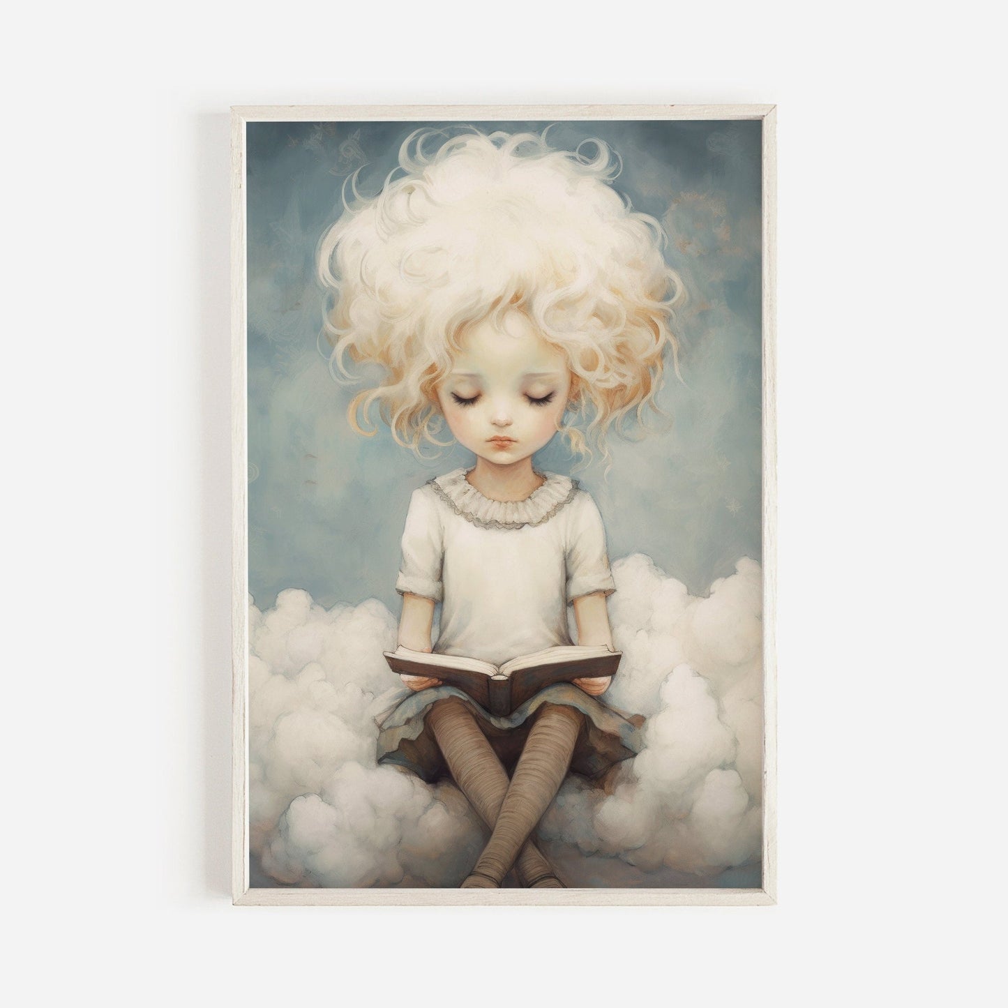 Kids Reading Wall Art, Girl on Cloud Decor, Learning & Study Theme - WildfieldPrints
