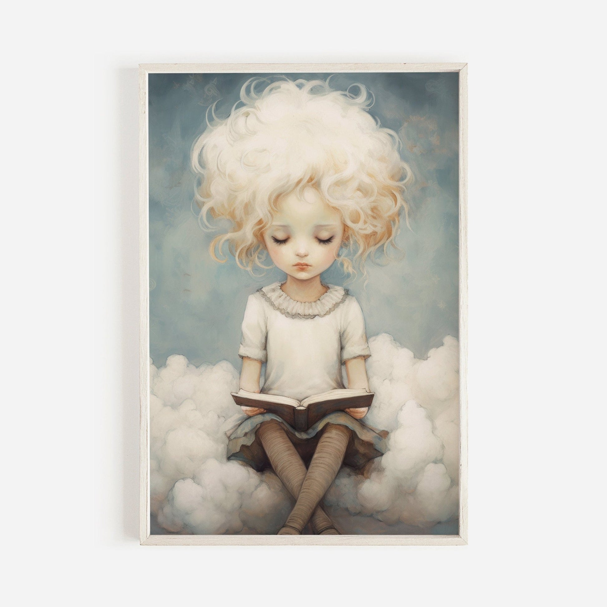 Kids Reading Wall Art, Girl on Cloud Decor, Learning & Study Theme - WildfieldPrints