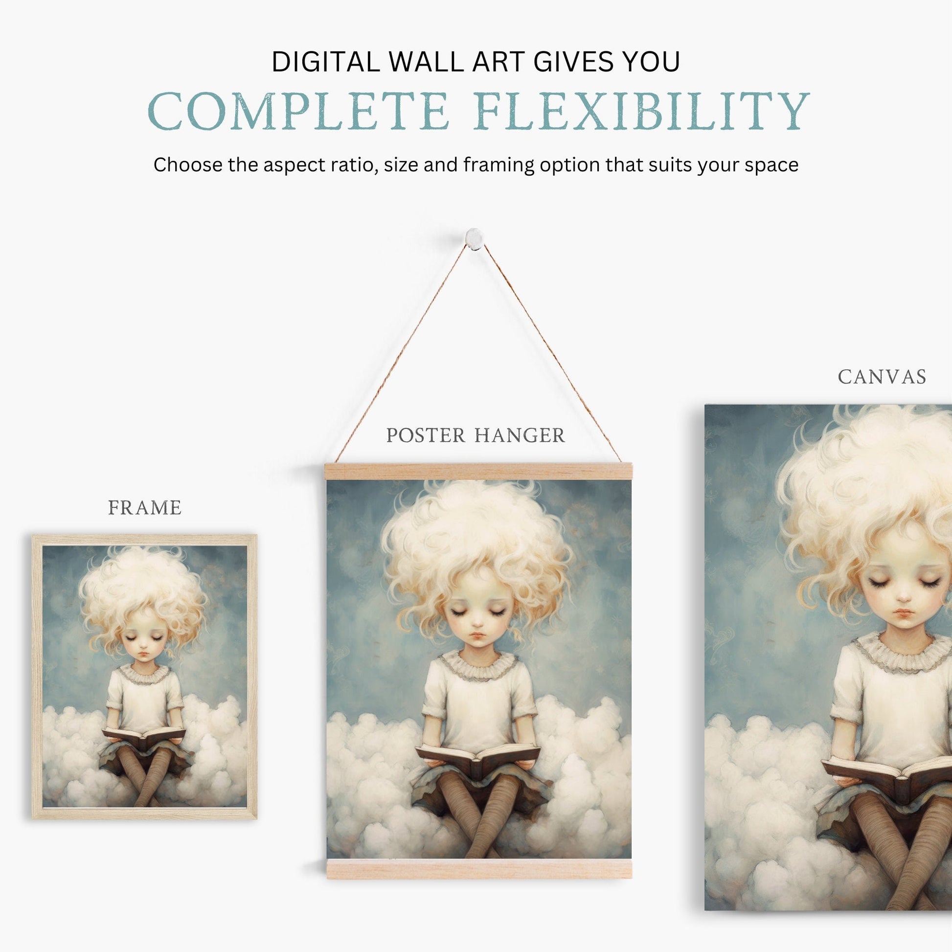 Kids Reading Wall Art, Girl on Cloud Decor, Learning & Study Theme - WildfieldPrints