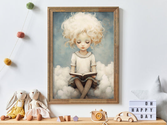 Kids Reading Wall Art, Girl on Cloud Decor, Learning & Study Theme - WildfieldPrints