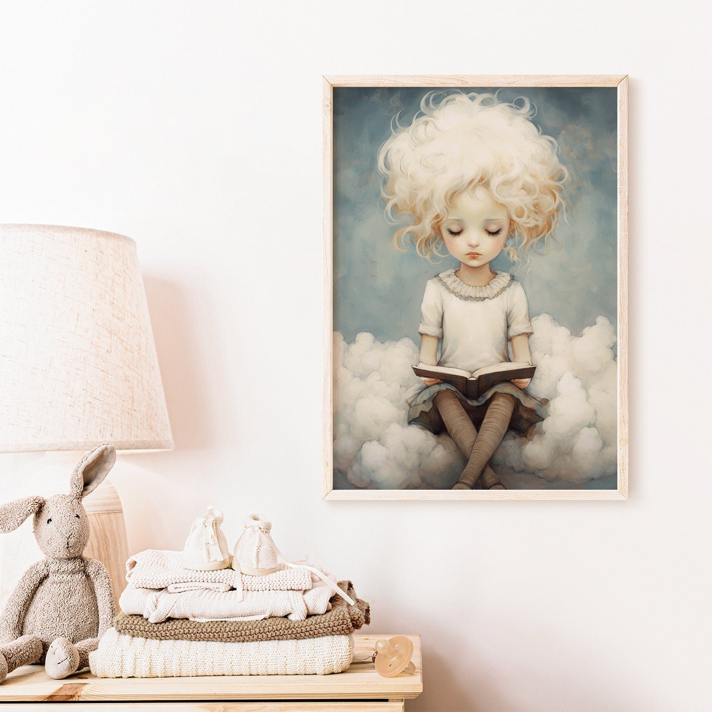 Kids Reading Wall Art, Girl on Cloud Decor, Learning & Study Theme - WildfieldPrints