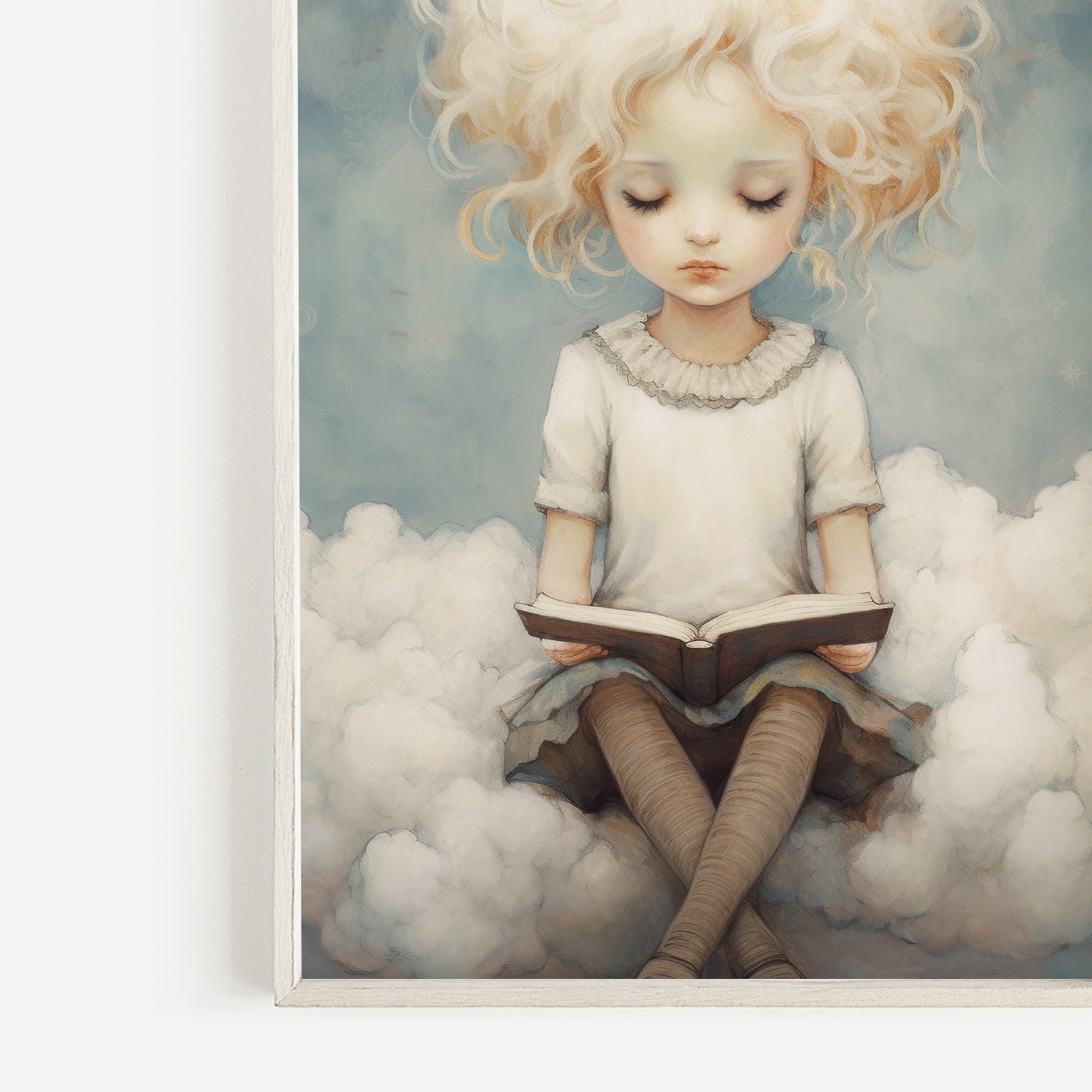 Kids Reading Wall Art, Girl on Cloud Decor, Learning & Study Theme - WildfieldPrints