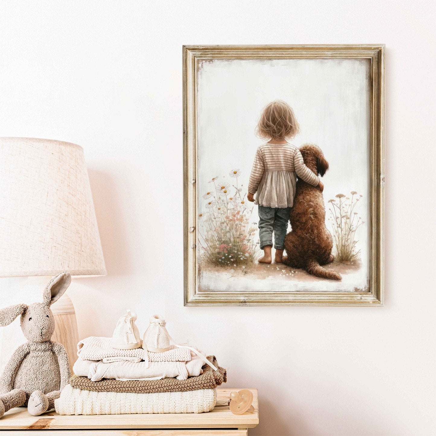 Labradoodle Nursery Art, Girl & Dog Wall Decor, Brown Dog Print - WildfieldPrints