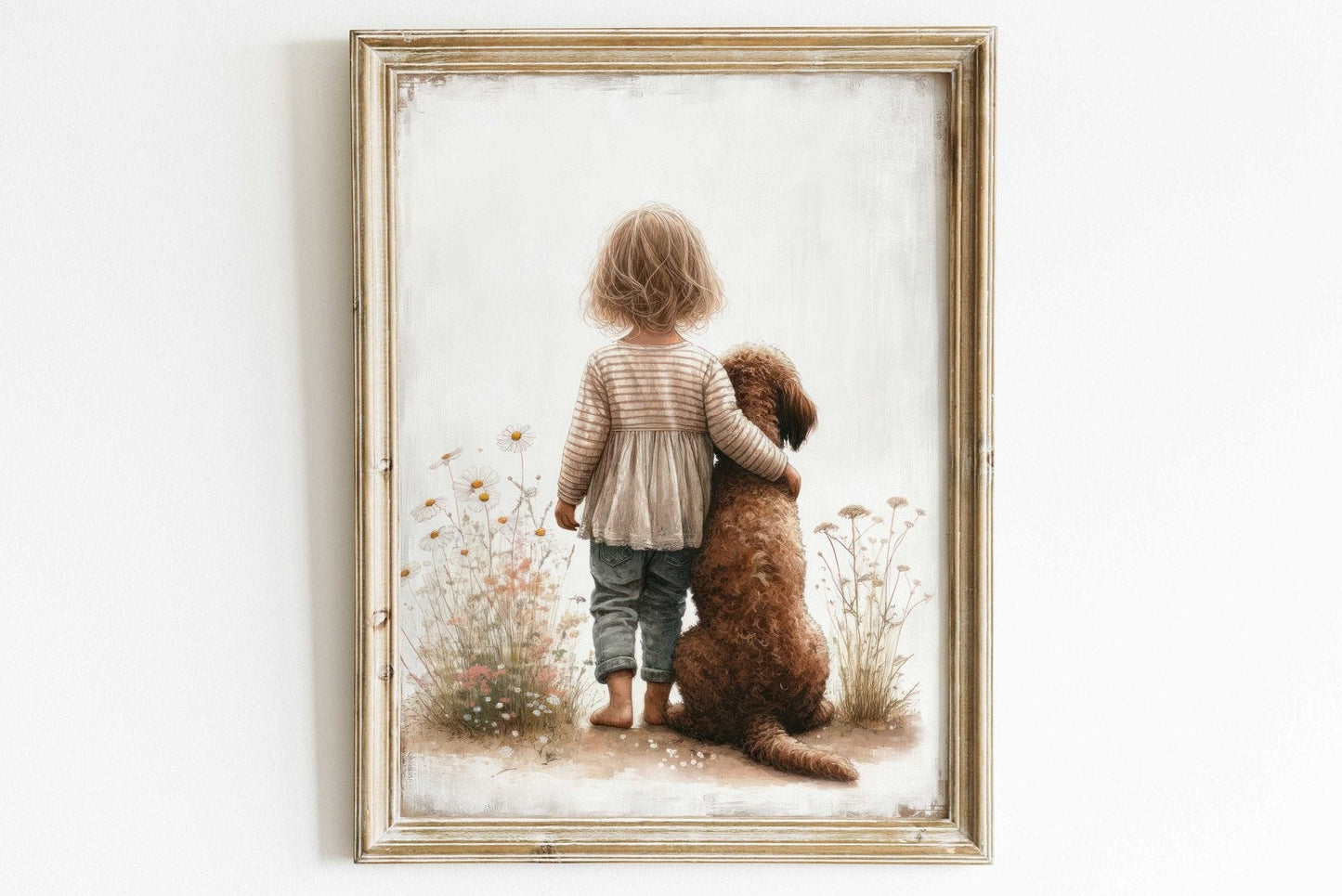 Labradoodle Nursery Art, Girl & Dog Wall Decor, Brown Dog Print - WildfieldPrints