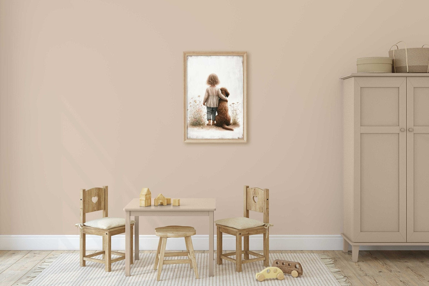 Labradoodle Nursery Art, Girl & Dog Wall Decor, Brown Dog Print - WildfieldPrints