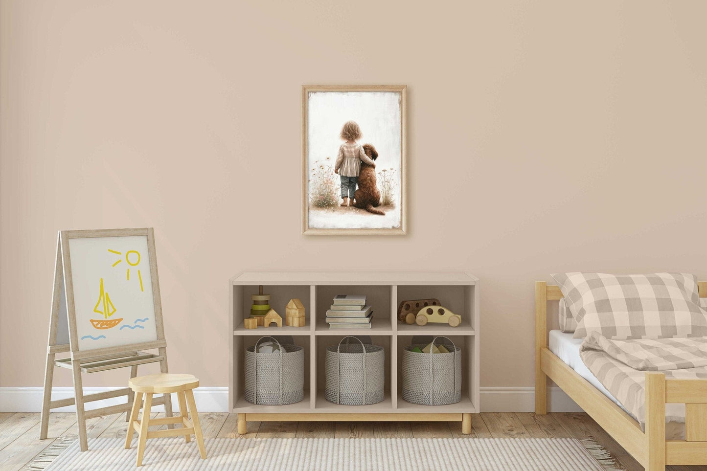 Labradoodle Nursery Art, Girl & Dog Wall Decor, Brown Dog Print - WildfieldPrints