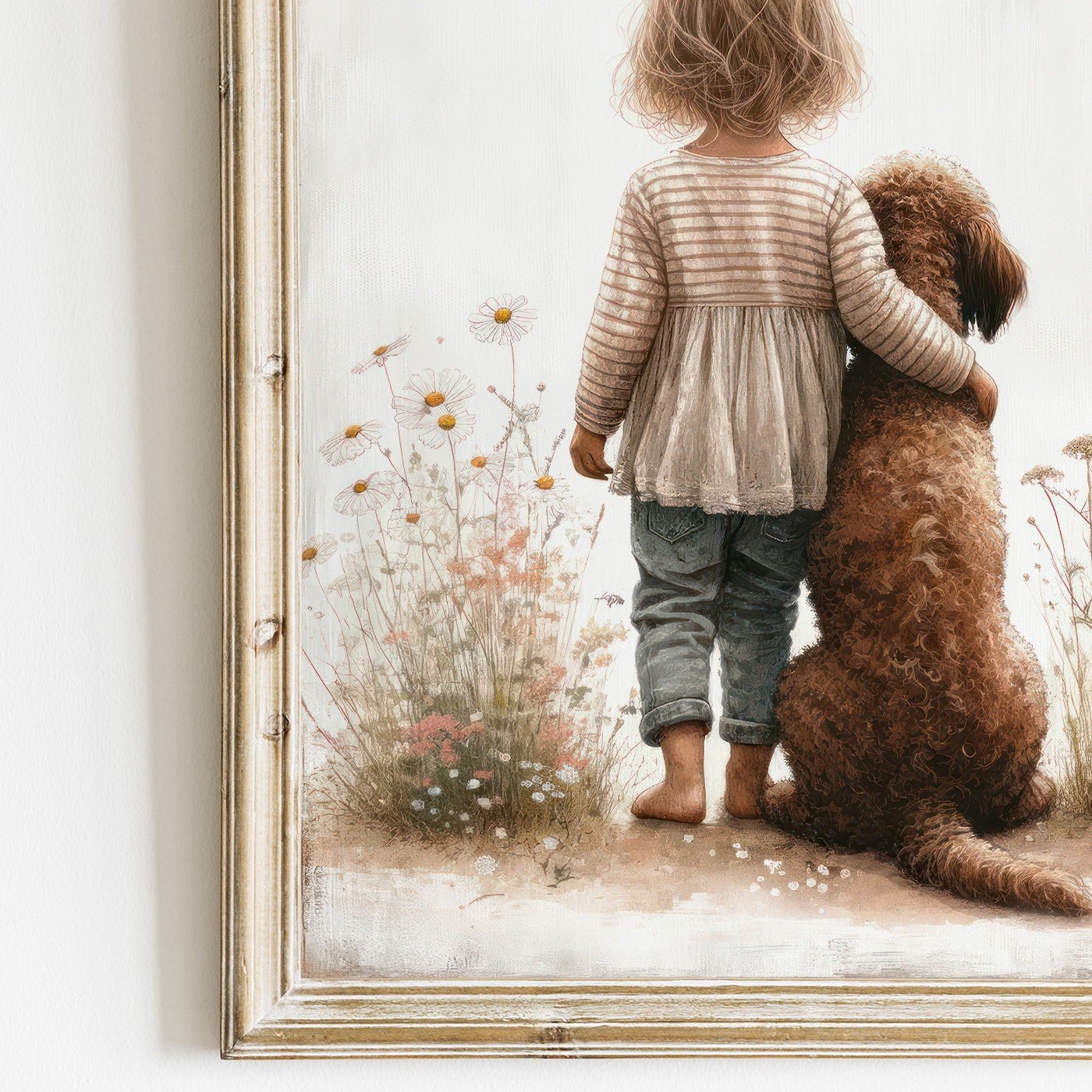 Labradoodle Nursery Art, Girl & Dog Wall Decor, Brown Dog Print - WildfieldPrints