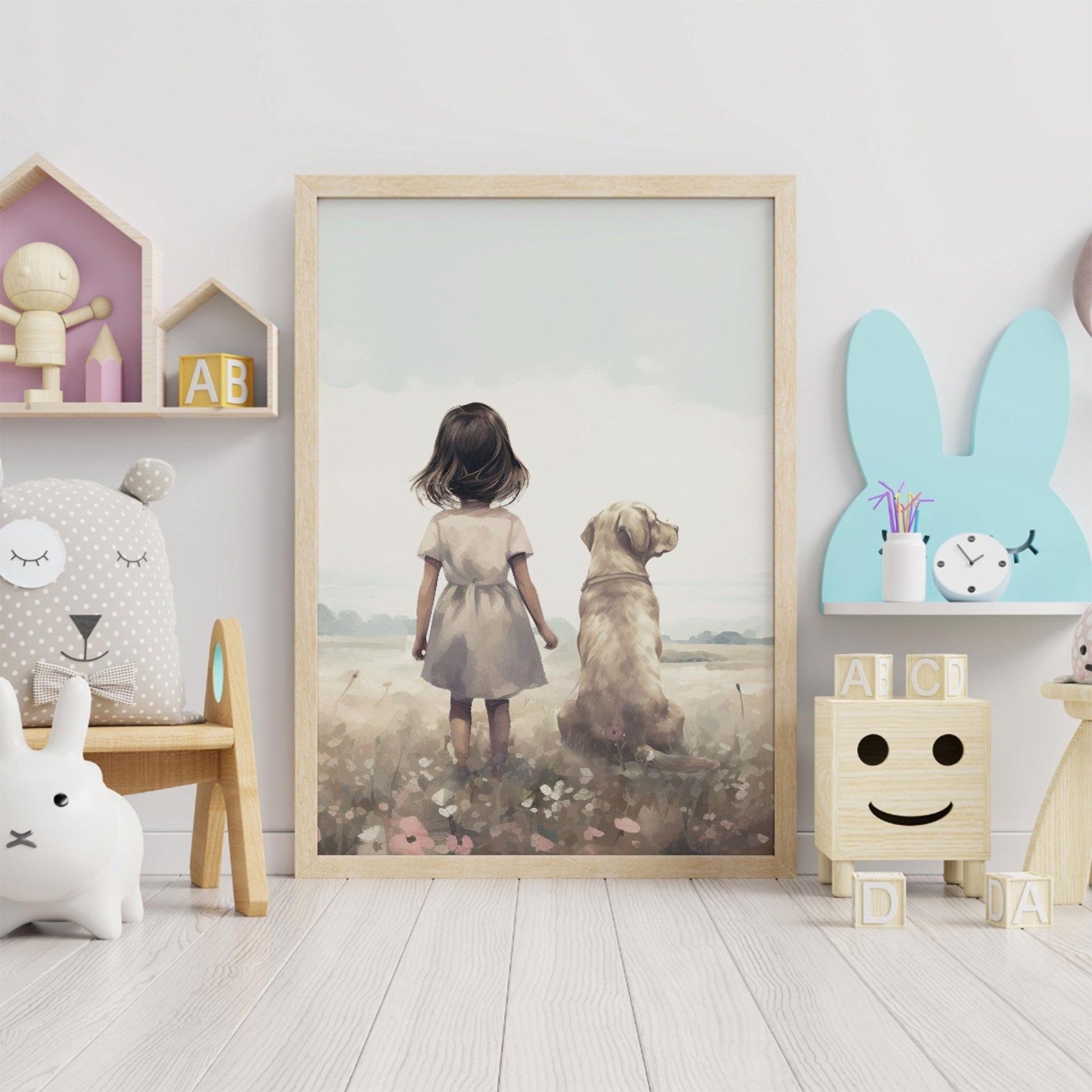 Labrador Nursery Art, Yellow Lab Print, Girl & Dog Painting - WildfieldPrints