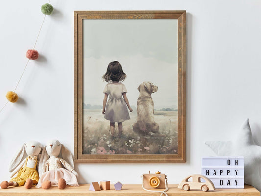 Labrador Nursery Art, Yellow Lab Print, Girl & Dog Painting - WildfieldPrints