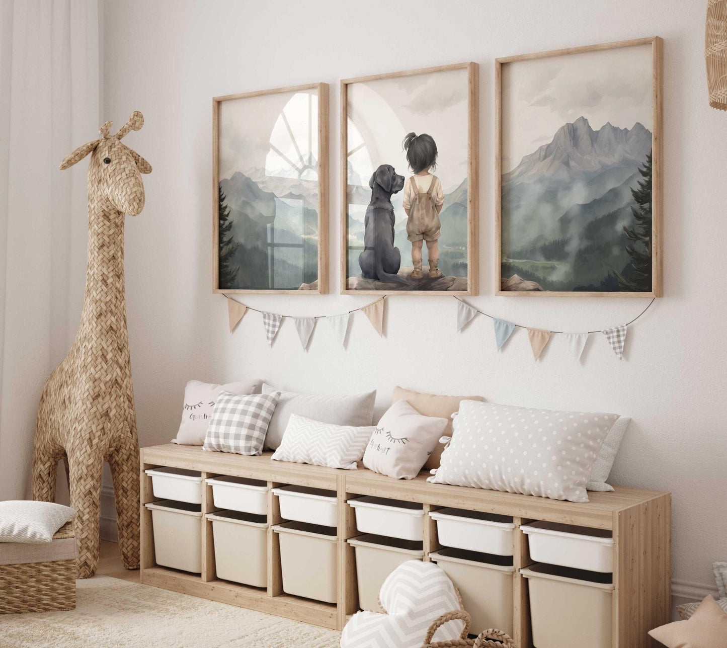 Labrador Nursery Decor, Black Labrador Wall Art, Girl & Dog Painting - WildfieldPrints