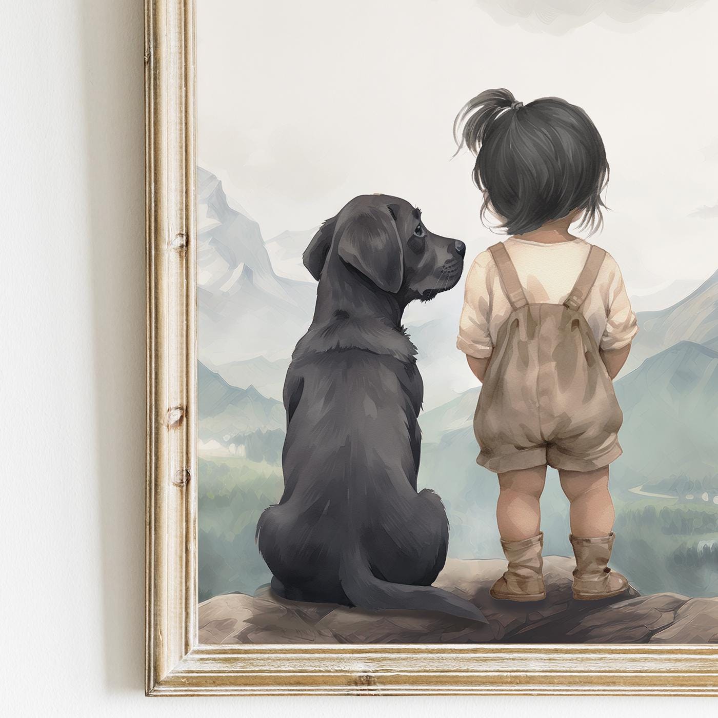 Labrador Nursery Decor, Black Labrador Wall Art, Girl & Dog Painting - WildfieldPrints