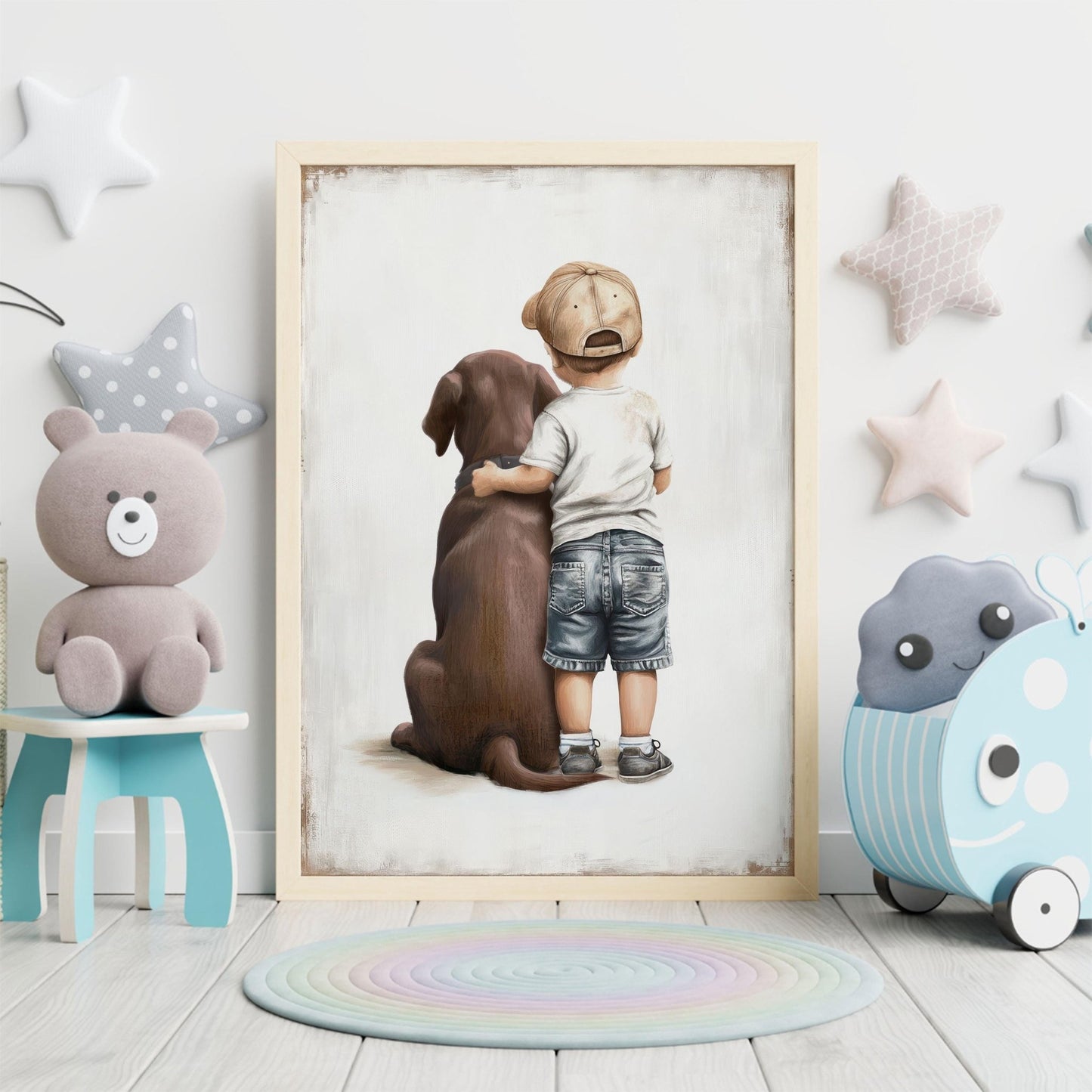 Labrador Nursery Decor, Boy and Dog Art Print, Brown Lab Wall Art - WildfieldPrints