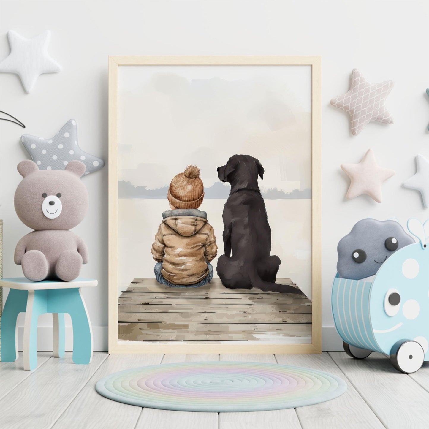 Labrador Nursery Decor, Boy & Labrador Art, Black Retriever Print - WildfieldPrints
