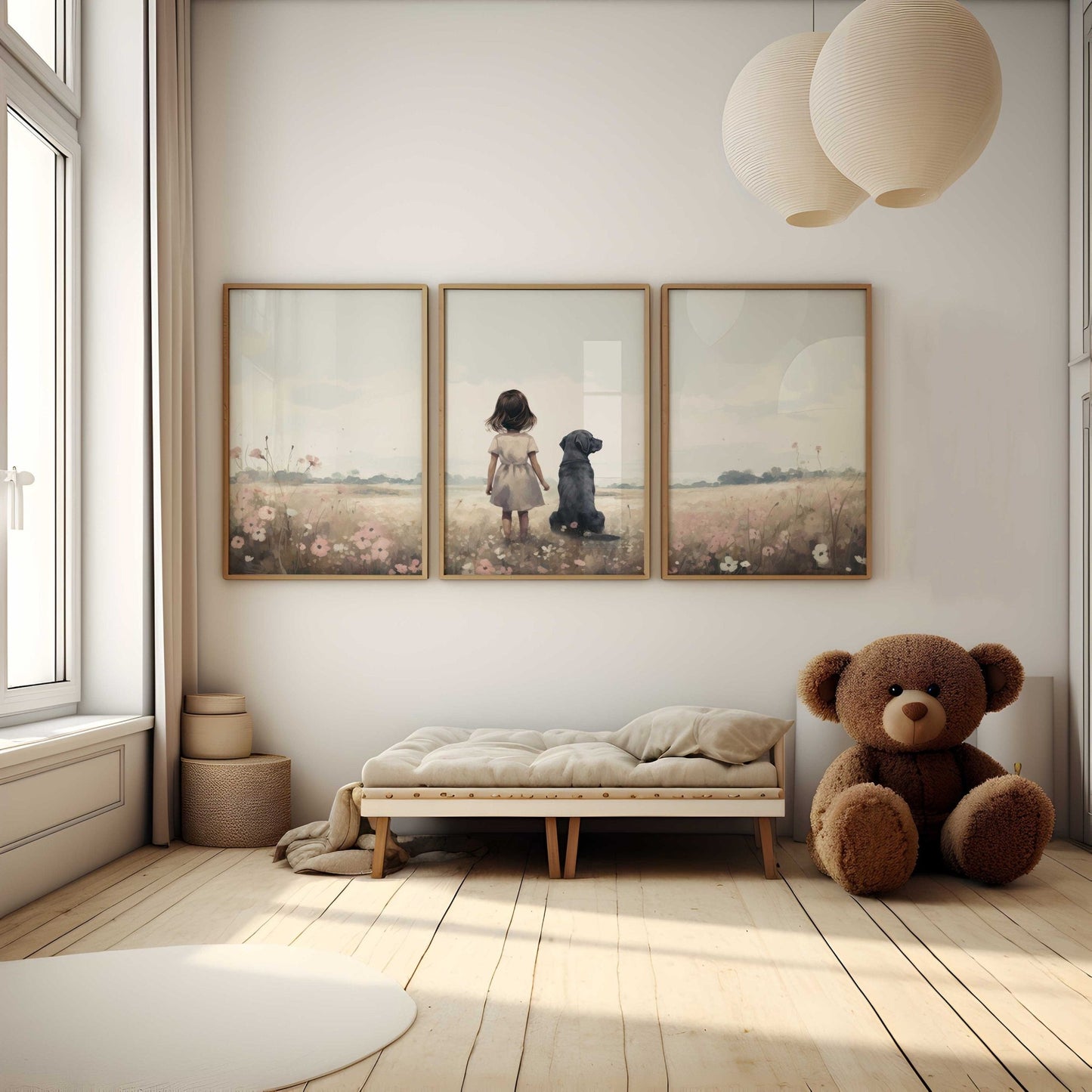Labrador Nursery Decor, Girl & Dog Painting, Black Lab Wall Art - WildfieldPrints