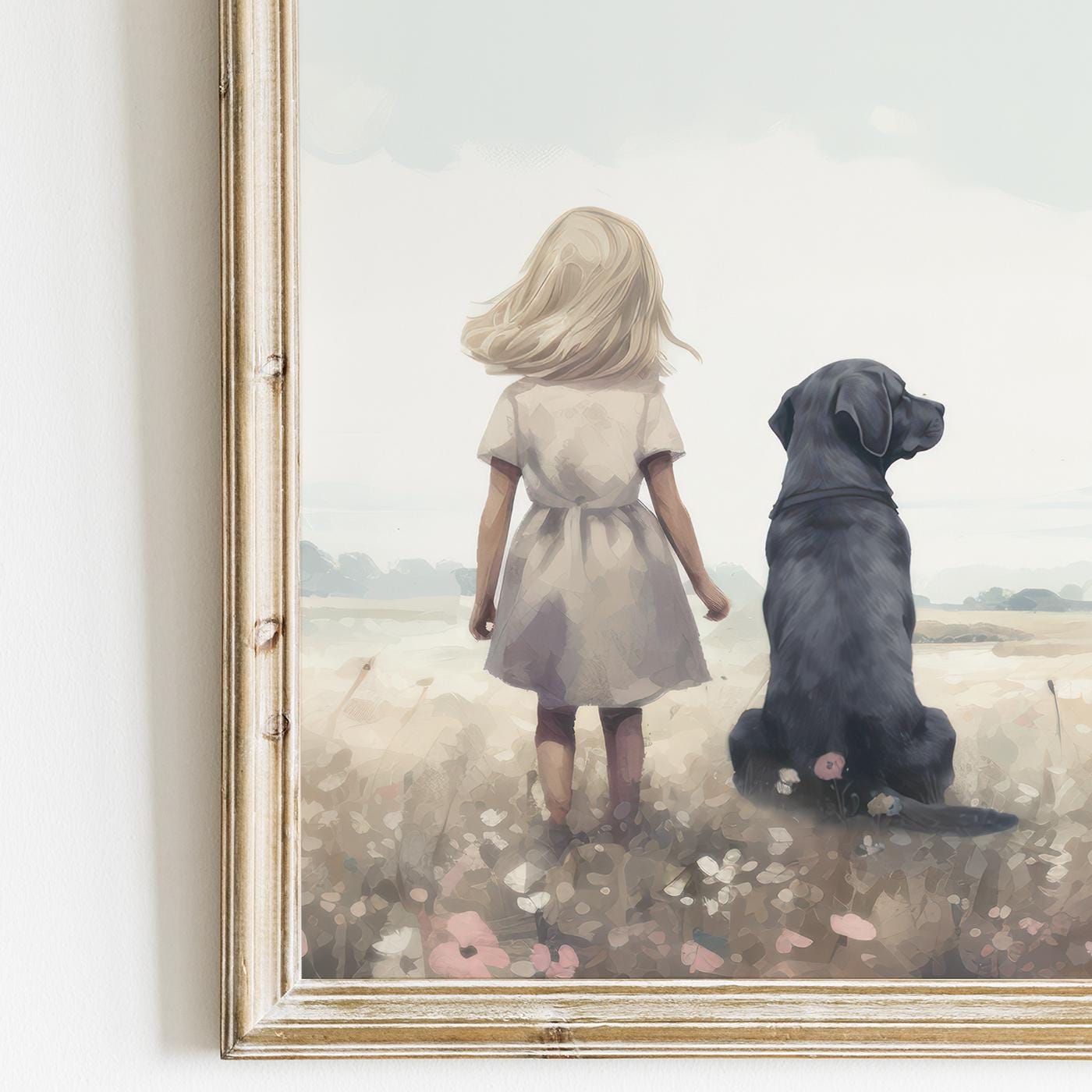 Labrador Nursery Decor, Girl & Dog Painting, Black Lab Wall Art - WildfieldPrints
