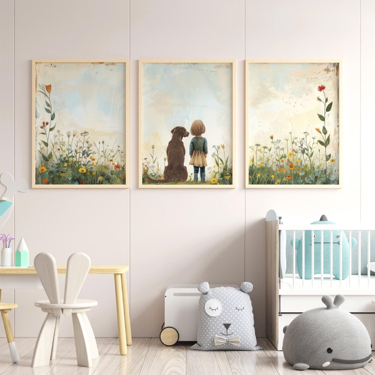 Labrador Nursery Decor, Girl & Dog Painting, Brown Lab Wall Art - WildfieldPrints