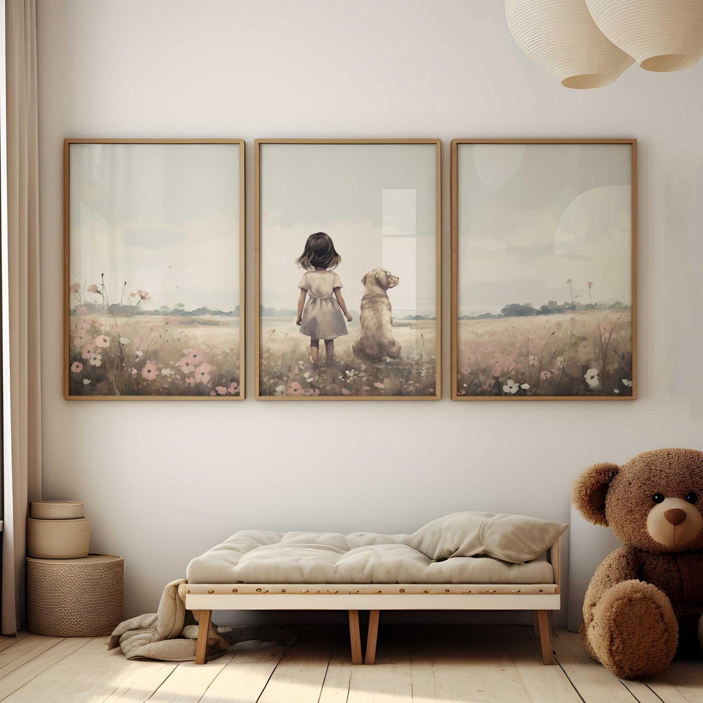 Labrador Nursery Decor, Yellow Lab Wall Art, Girl & Dog Painting - WildfieldPrints