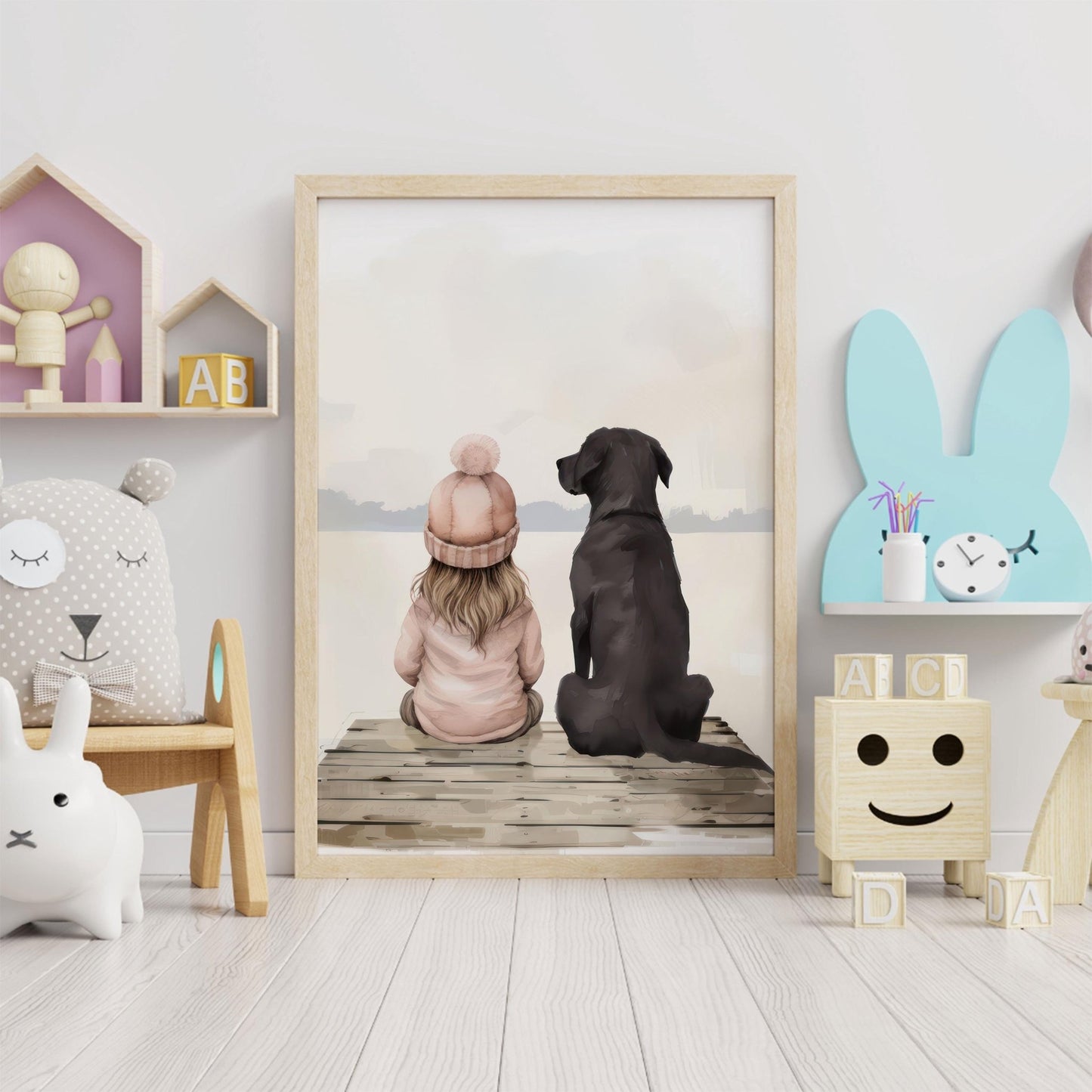 Labrador Nursery Print, Black Lab Art, Girl & Dog Decor, Lake Theme - WildfieldPrints