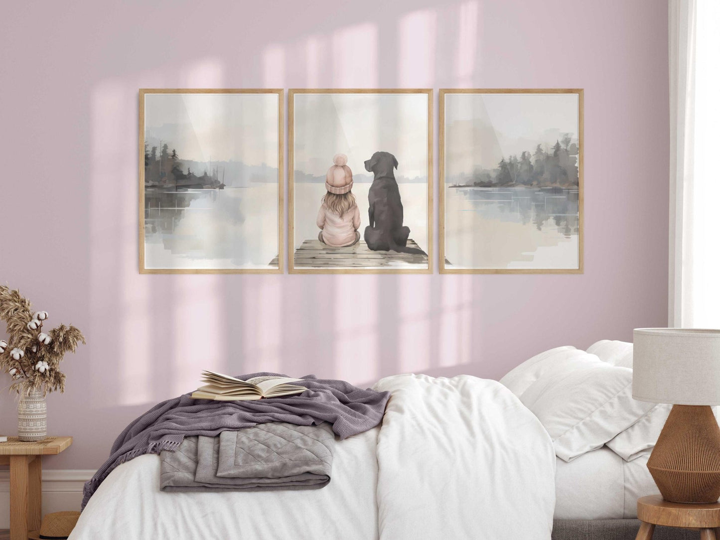 Labrador Nursery Print, Black Lab, Girl & Dog Painting, Lake Nursery Decor, Labrador Retriever Wall Art Set of 3, Printable Dog Wall Decor - My Store