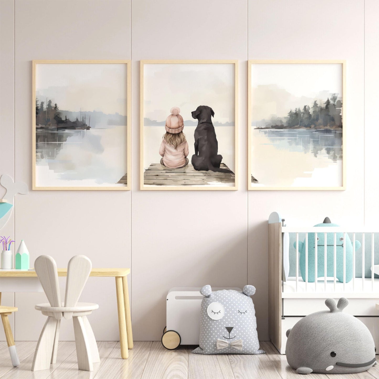 Labrador Nursery Print, Black Lab, Girl & Dog Painting, Lake Nursery Decor, Labrador Retriever Wall Art Set of 3, Printable Dog Wall Decor - My Store