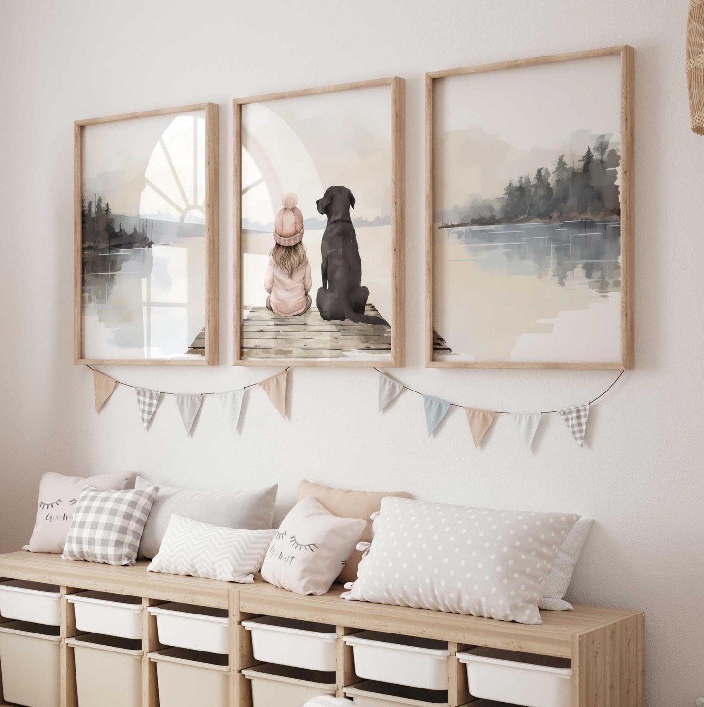 Labrador Nursery Print, Black Lab, Girl & Dog Painting, Lake Nursery Decor, Labrador Retriever Wall Art Set of 3, Printable Dog Wall Decor - My Store