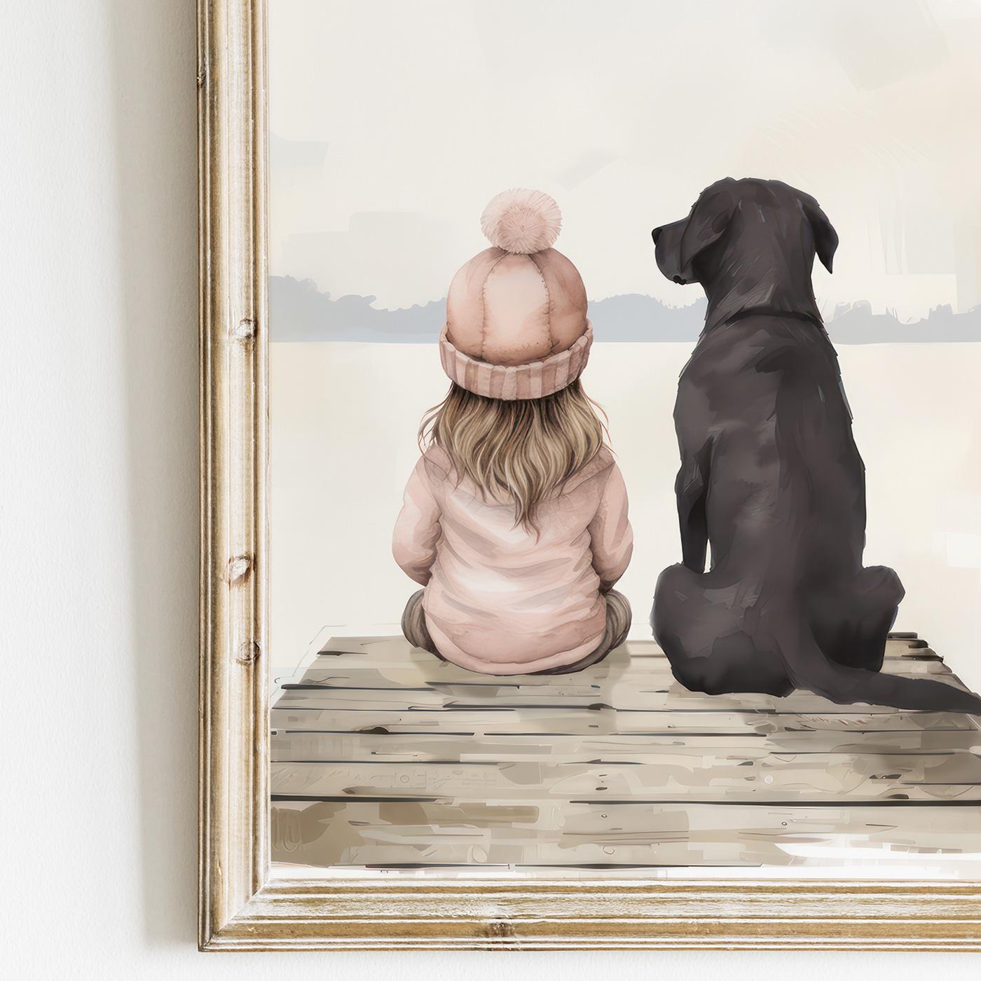 Labrador Nursery Print, Black Lab, Girl & Dog Painting, Lake Nursery Decor, Labrador Retriever Wall Art Set of 3, Printable Dog Wall Decor - My Store