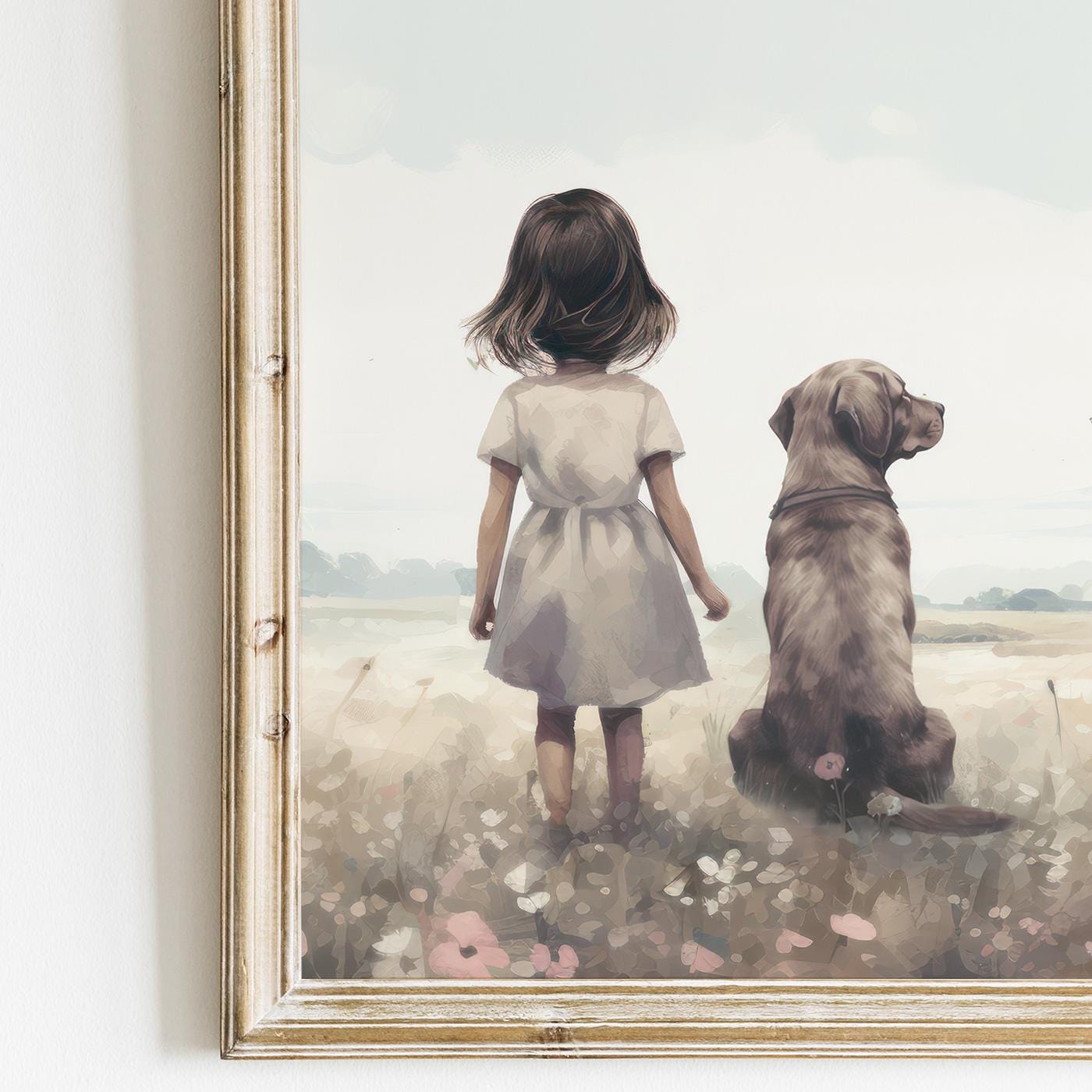 Labrador Nursery Print, Girl & Dog Art, Wildflower Wall Decor - WildfieldPrints