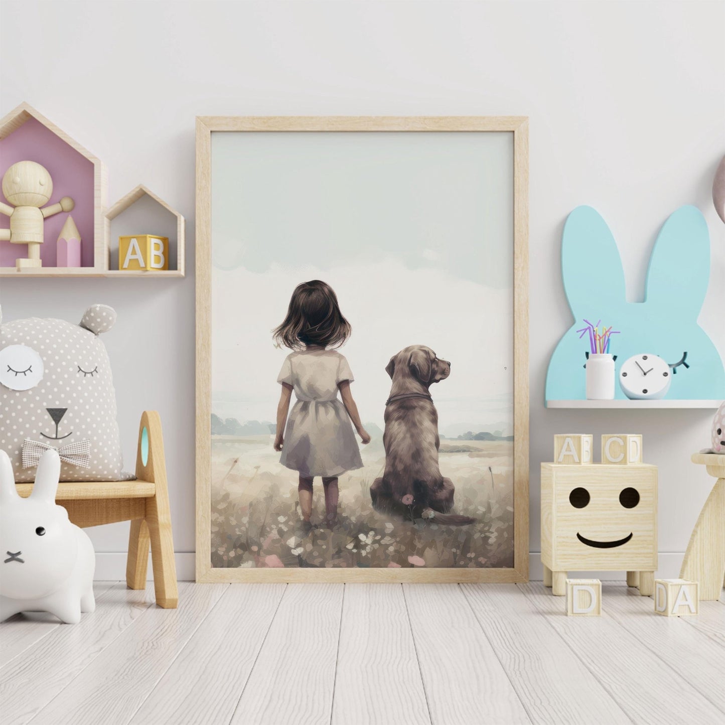 Labrador Nursery Print, Girl & Dog Art, Wildflower Wall Decor - WildfieldPrints