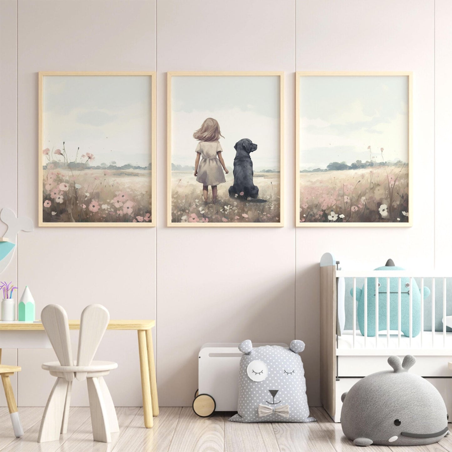 Labrador Nursery Prints, Girl & Dog Artwork, Dog - Themed Room Decor - WildfieldPrints