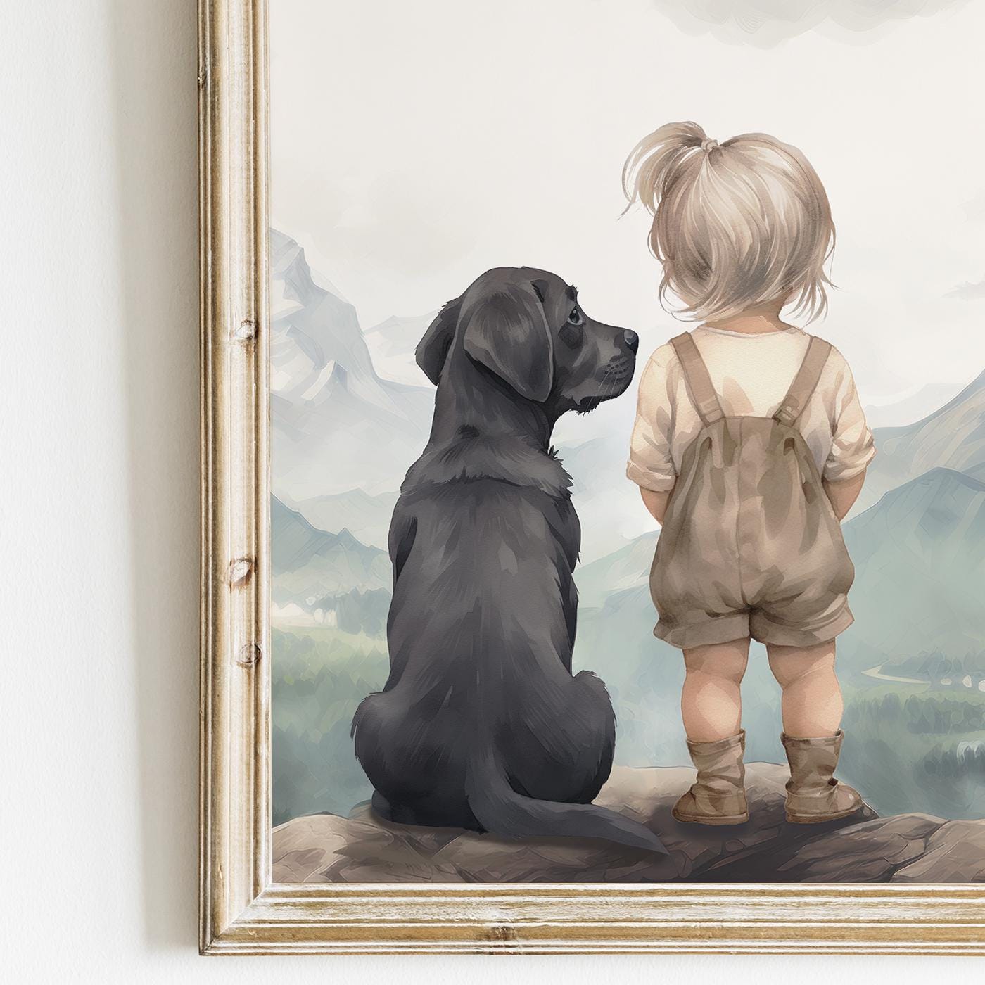 Labrador Nursery Wall Decor, Black Lab Art, Girl & Dog Painting - WildfieldPrints