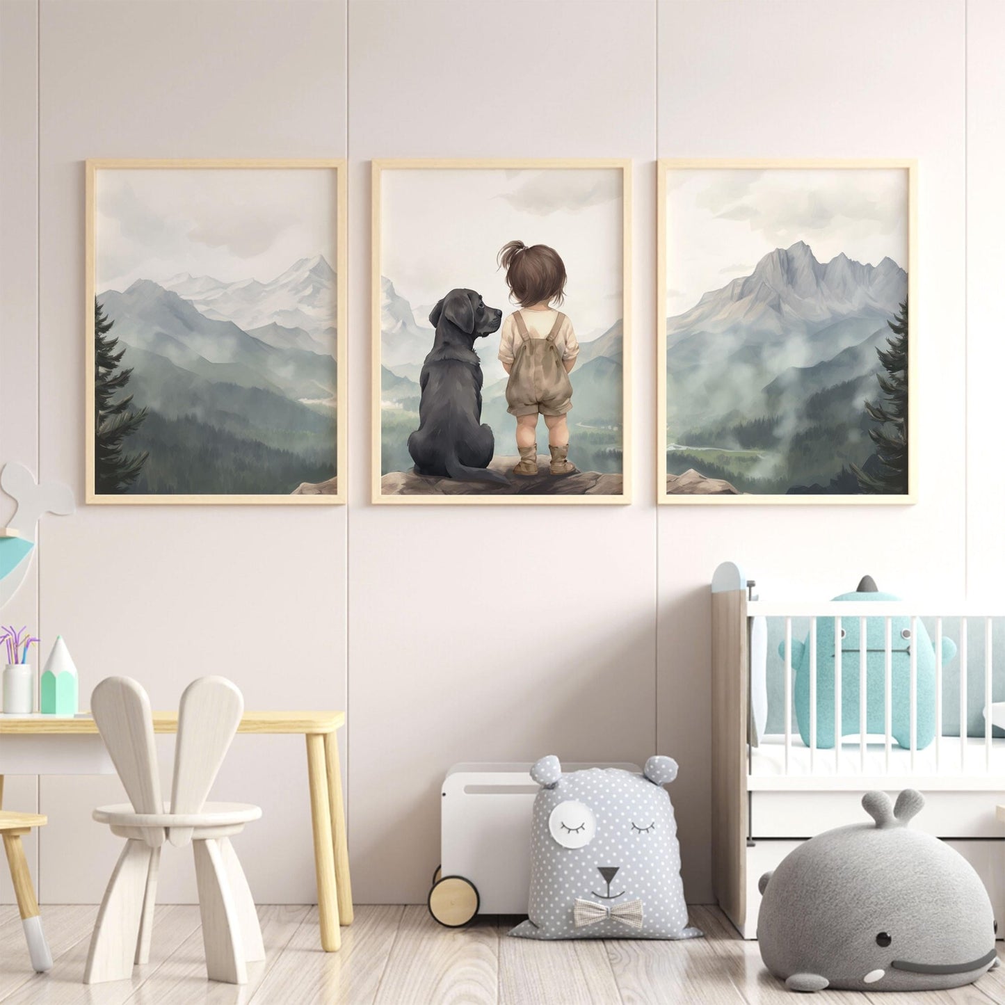 Labrador Nursery Wall Decor, Black Lab Art, Girl & Dog Painting - WildfieldPrints