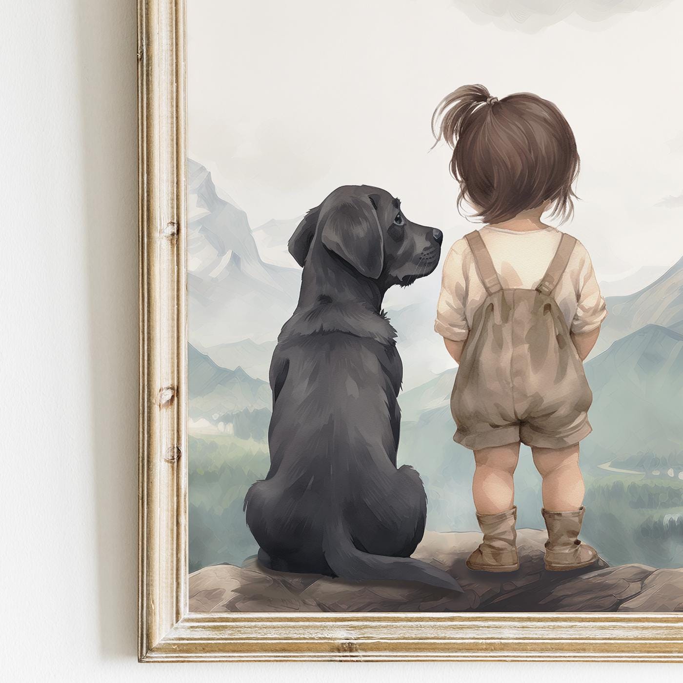 Labrador Nursery Wall Decor, Black Lab Art, Girl & Dog Painting - WildfieldPrints