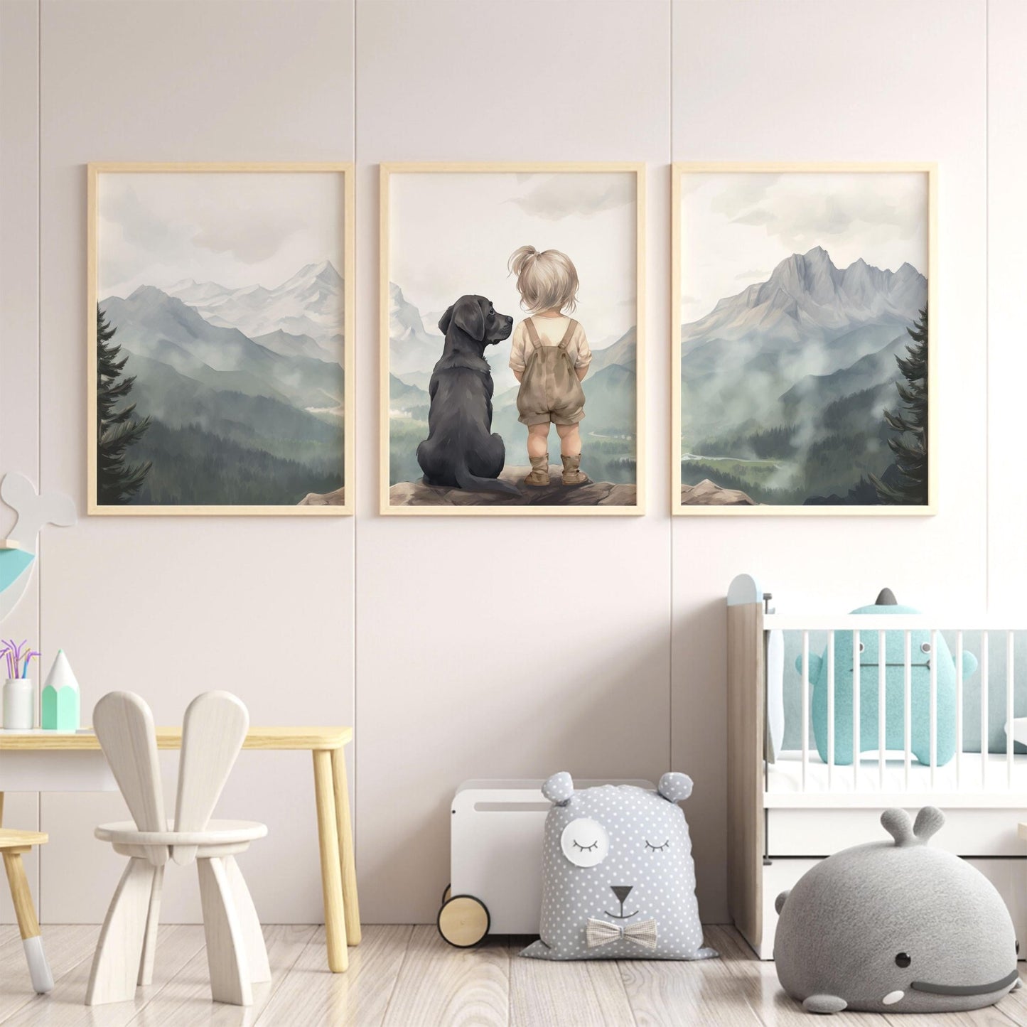 Labrador Nursery Wall Decor, Black Lab Art, Girl & Dog Painting - WildfieldPrints