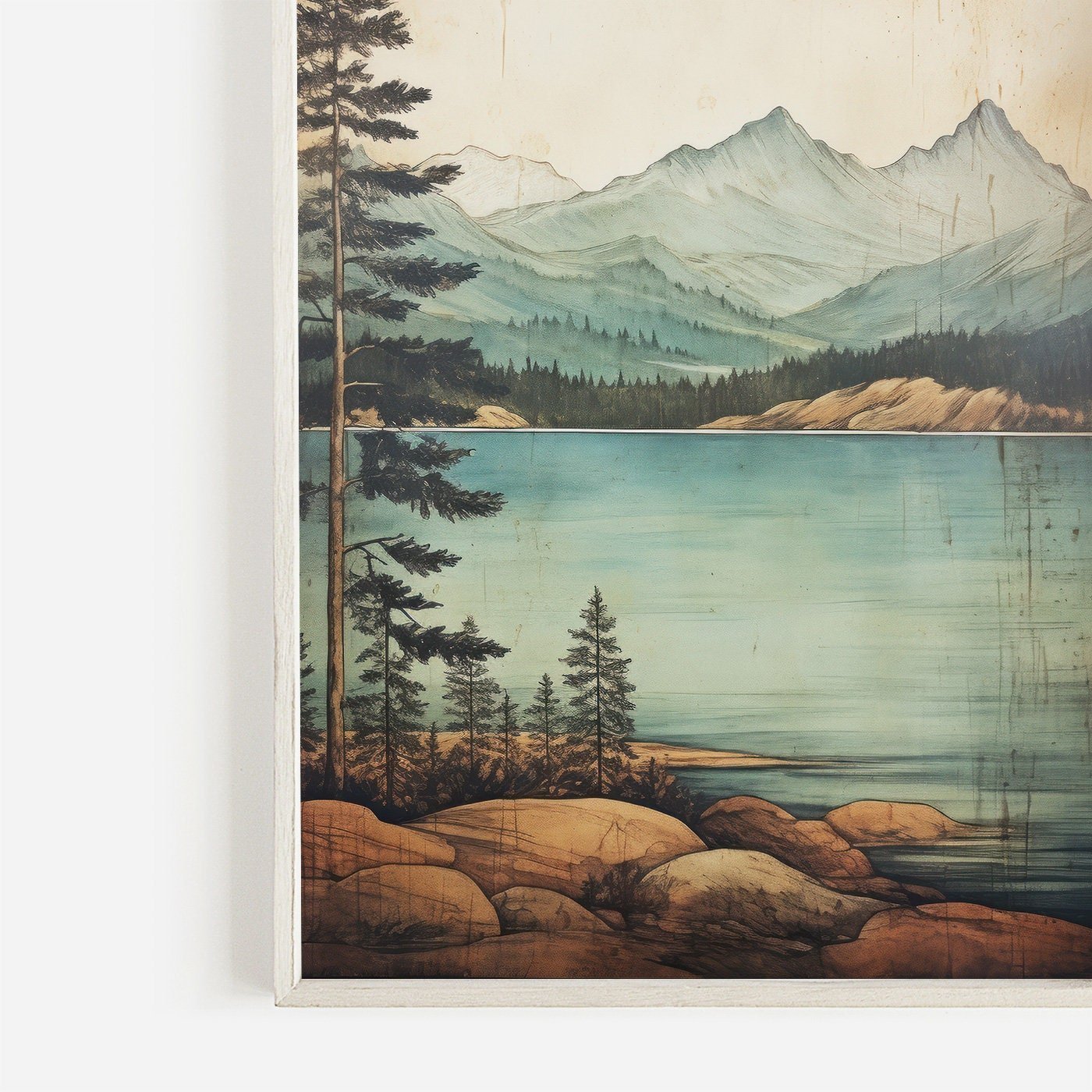 Lake & Mountain Art, Rustic Nature Painting, Vintage Wall Decor - WildfieldPrints