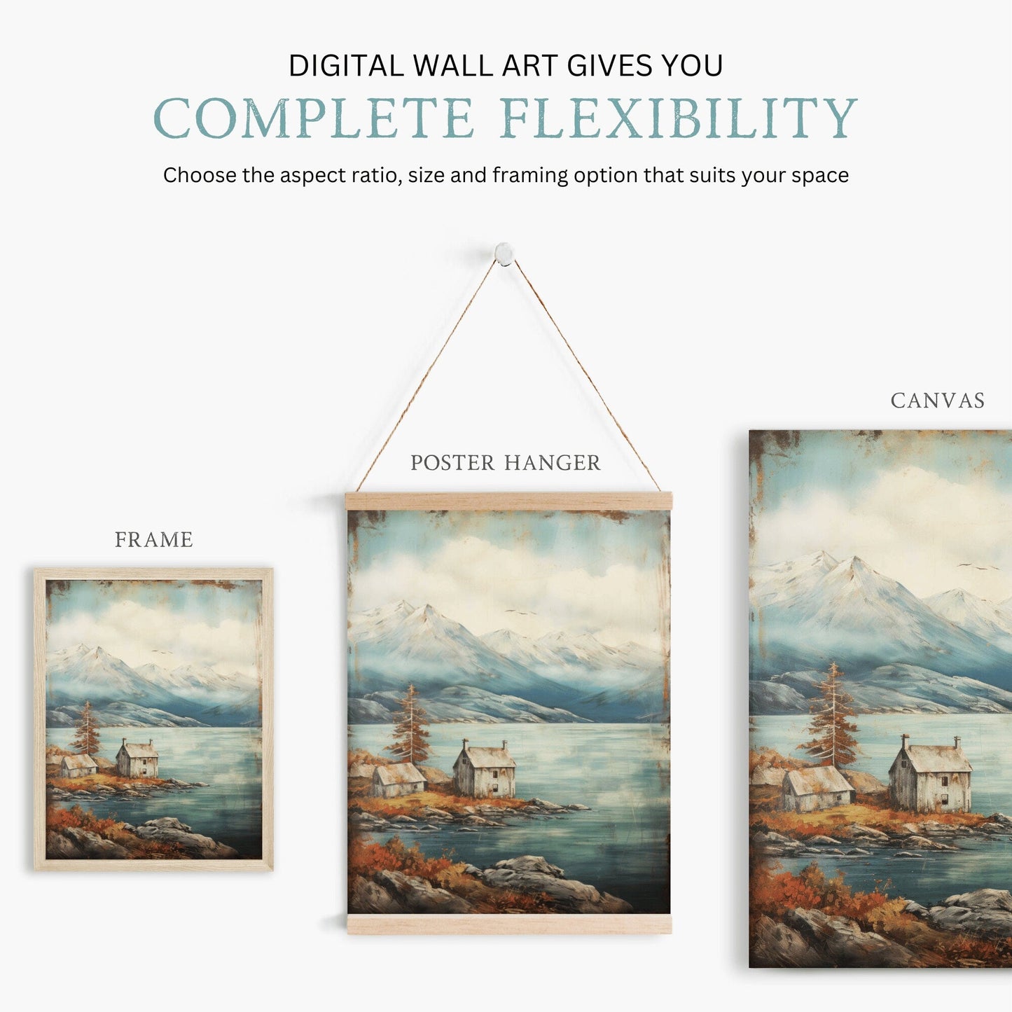 Lake & Mountain Wall Art, Rustic Landscape Decor, Vintage Nature Print - WildfieldPrints