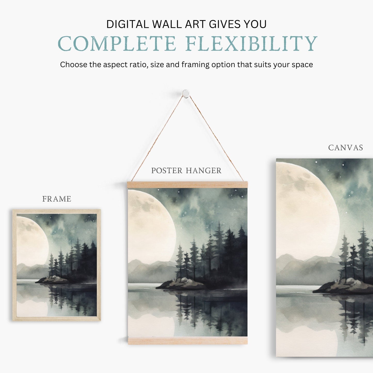 Lake Wall Art, Forest Landscape Painting, Vintage Moon & Tree Decor - WildfieldPrints