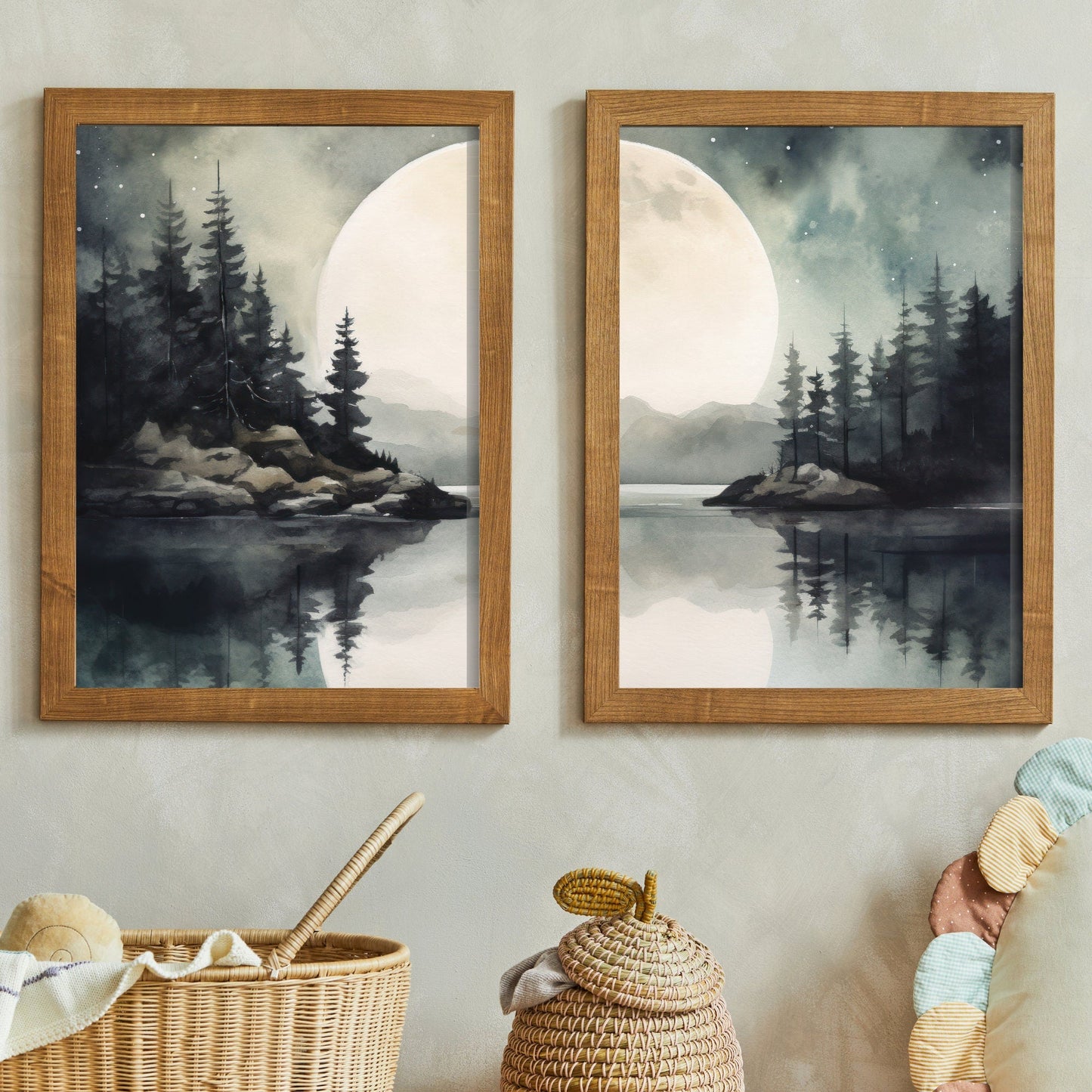 Lake Wall Art, Forest Landscape Painting, Vintage Moon & Tree Decor - WildfieldPrints