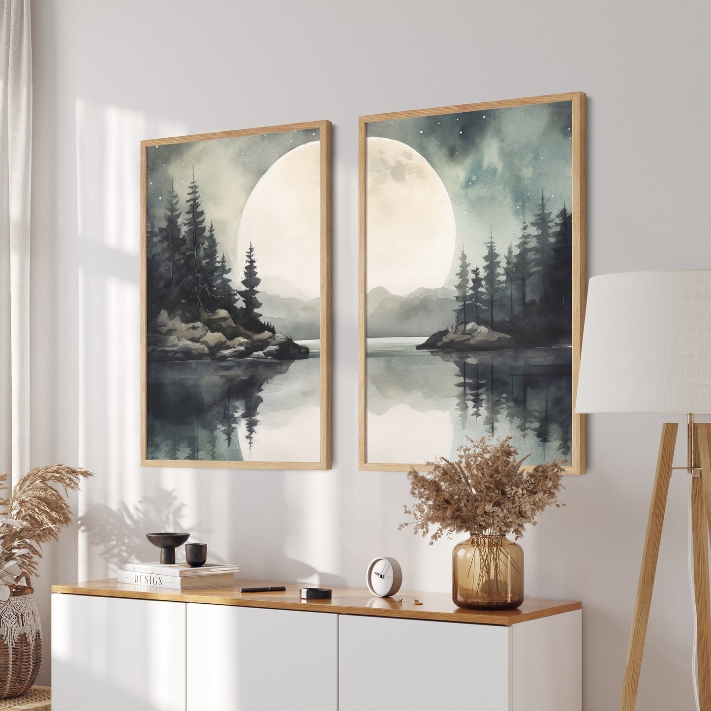 Lake Wall Art, Forest Landscape Painting, Vintage Moon & Tree Decor - WildfieldPrints