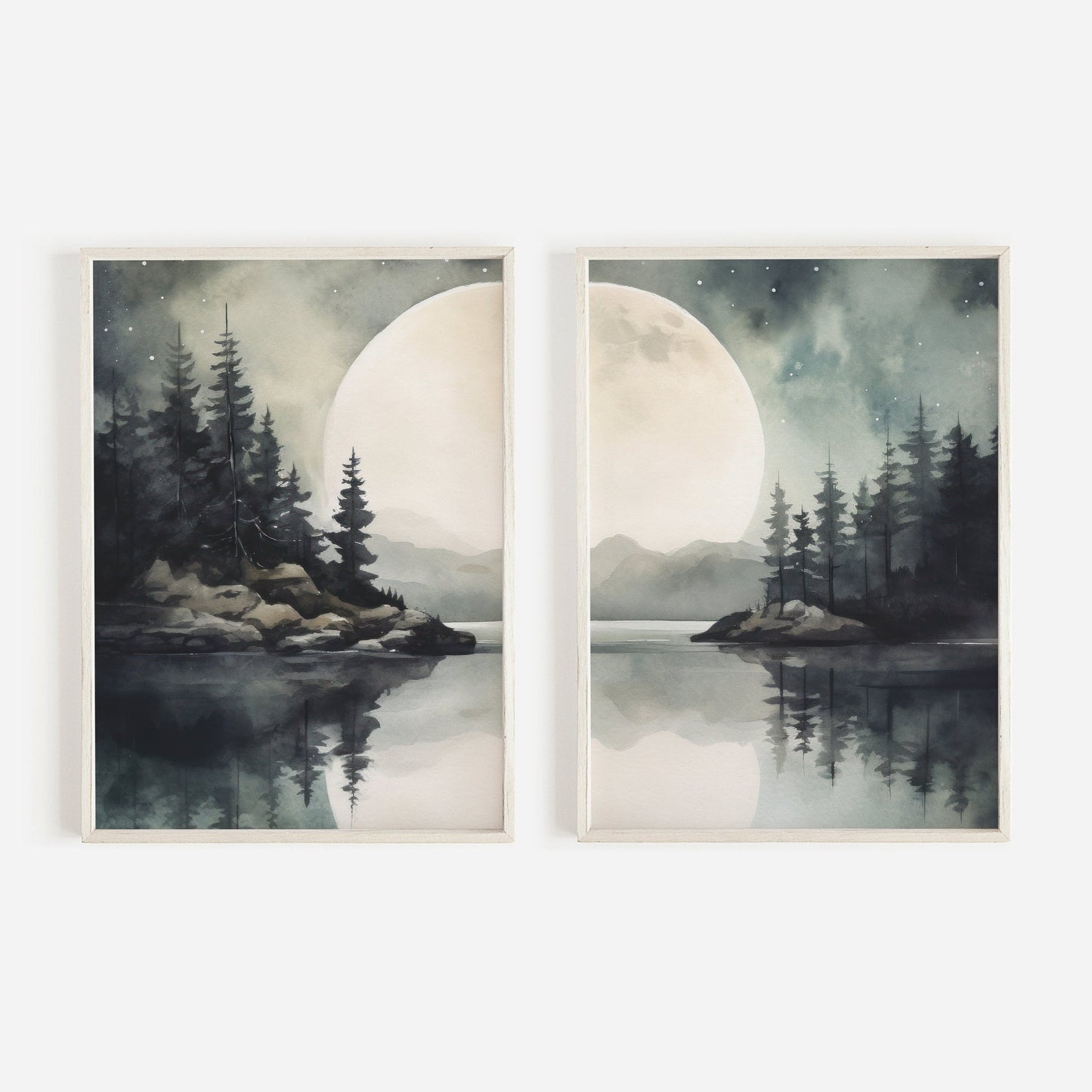 Lake Wall Art, Forest Landscape Painting, Vintage Moon & Tree Decor - WildfieldPrints