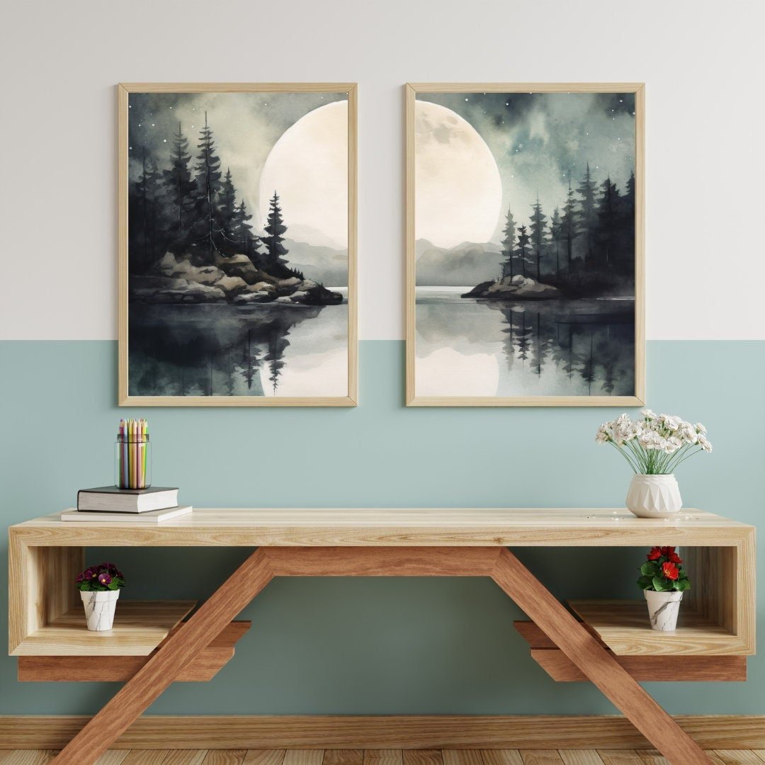 Lake Wall Art, Forest Landscape Painting, Vintage Moon & Tree Decor - WildfieldPrints