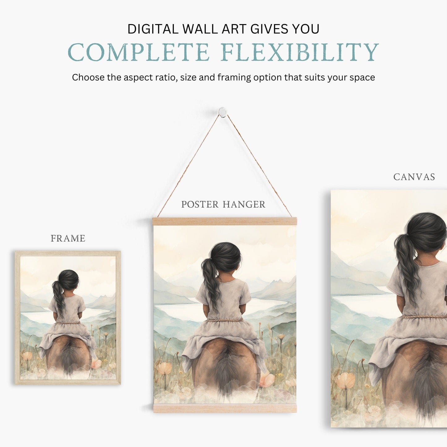 Latina Girl & Horse Triptych Art, Vintage Nature Wall Prints - WildfieldPrints