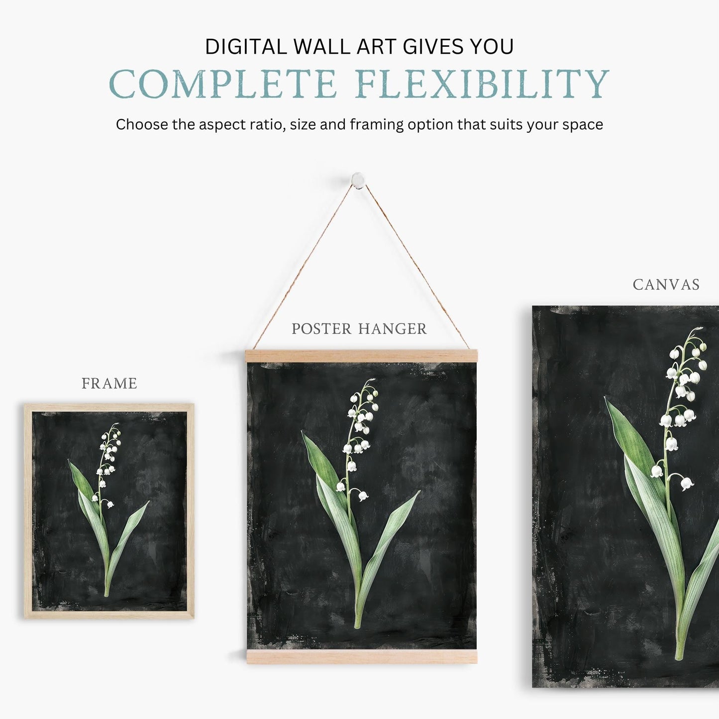 Lily of the Valley Art, Black Floral Print, Vintage Botanical Decor - WildfieldPrints