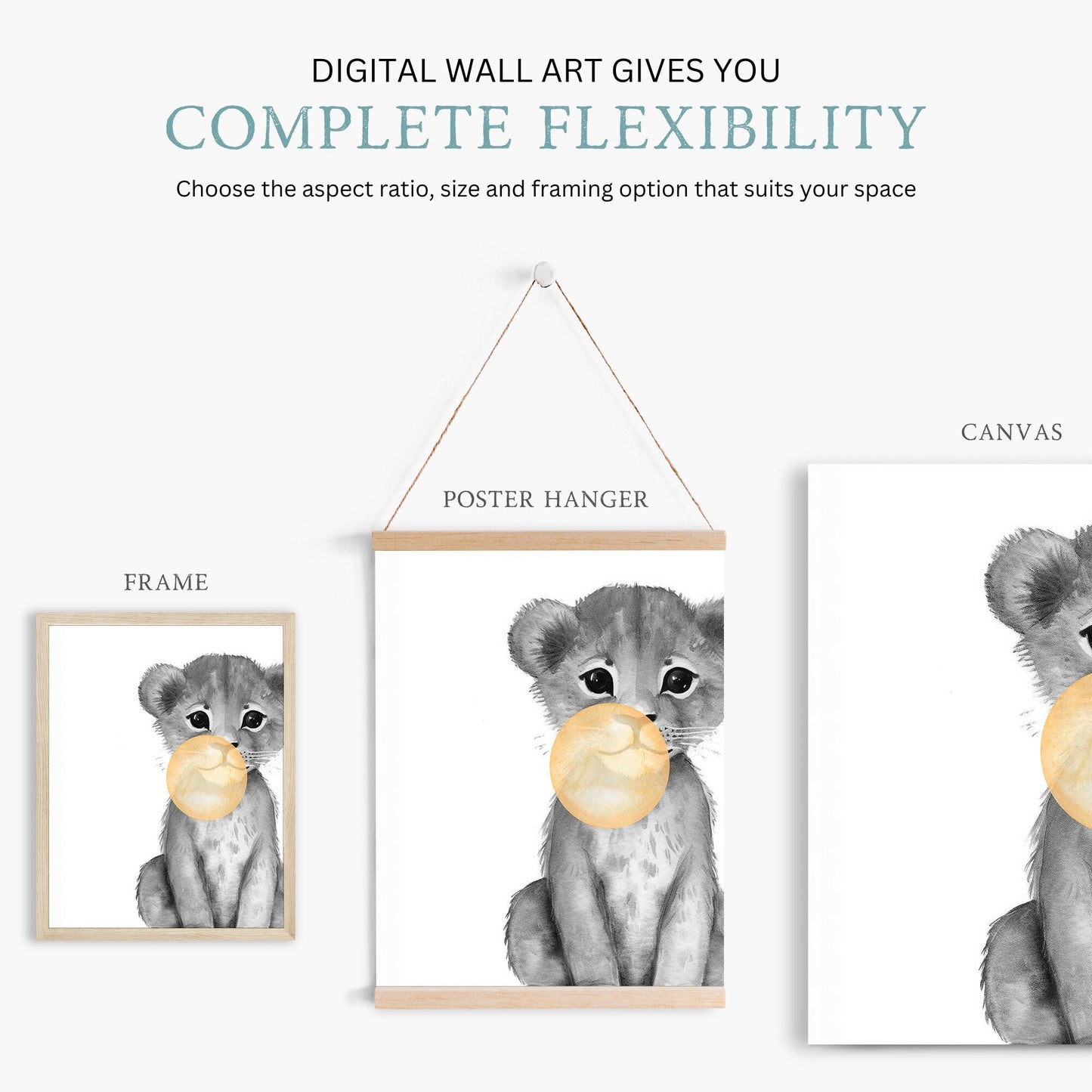 Lion Nursery Decor, Whimsical Safari Wall Art, Bubblegum Animals - WildfieldPrints
