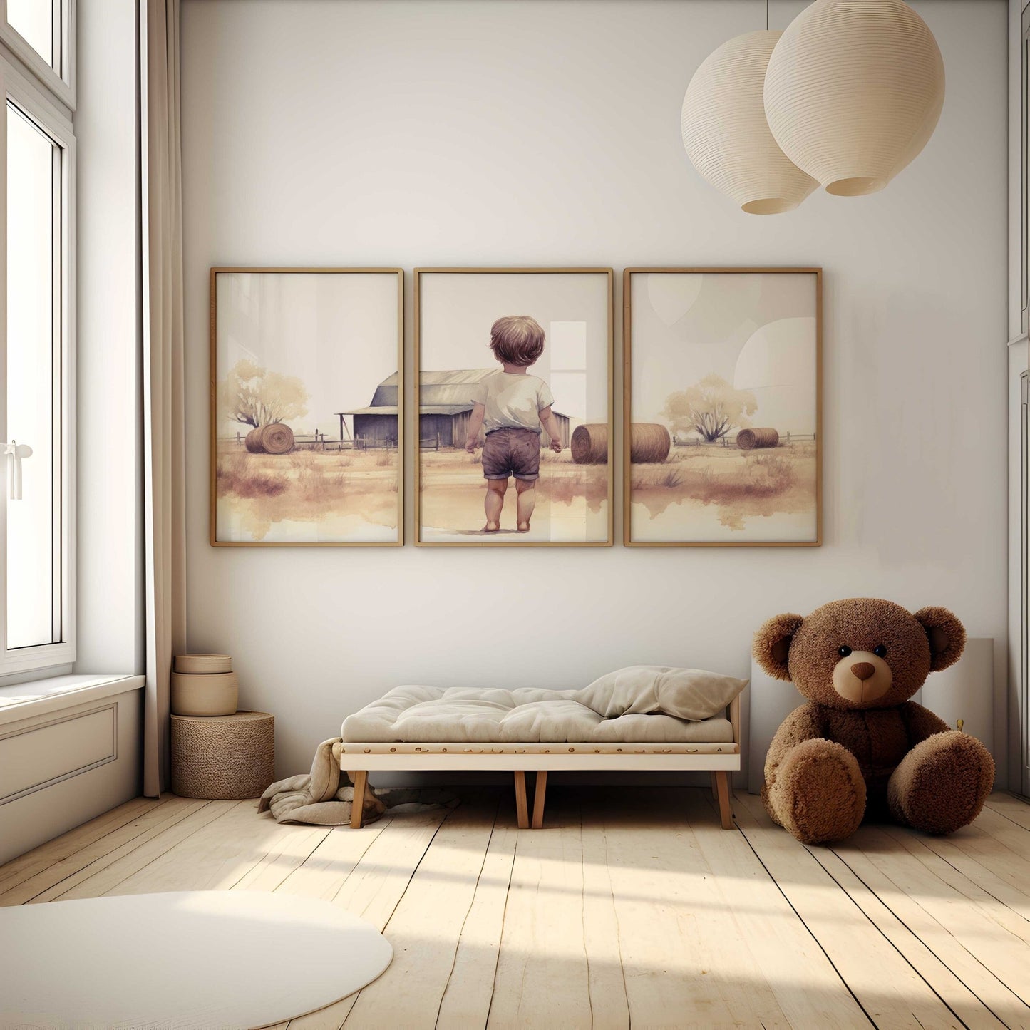 Little Farm Boy Print, Farmhouse Nursery Decor, Countryside Landscape - WildfieldPrints