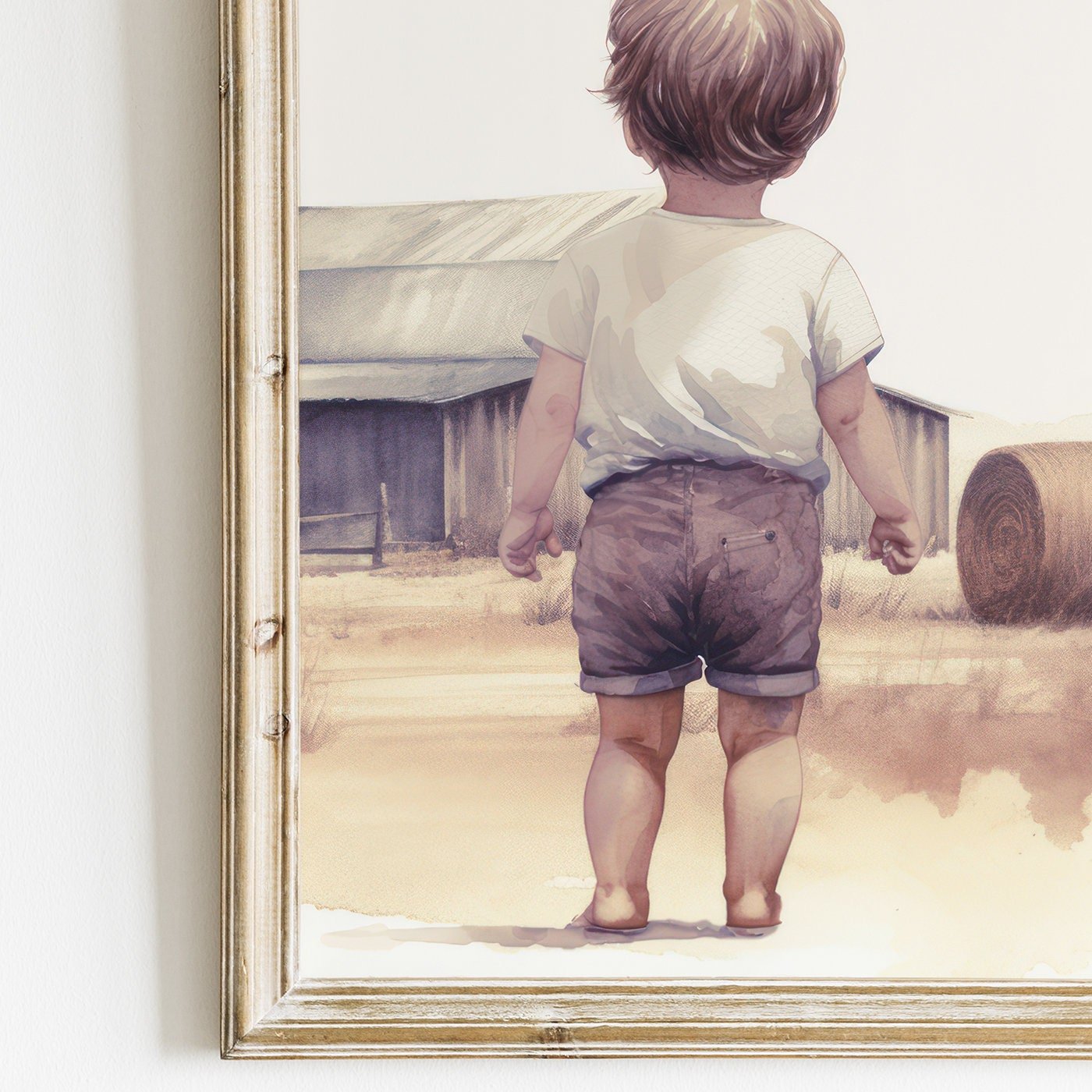 Little Farm Boy Print, Farmhouse Nursery Decor, Countryside Landscape - WildfieldPrints